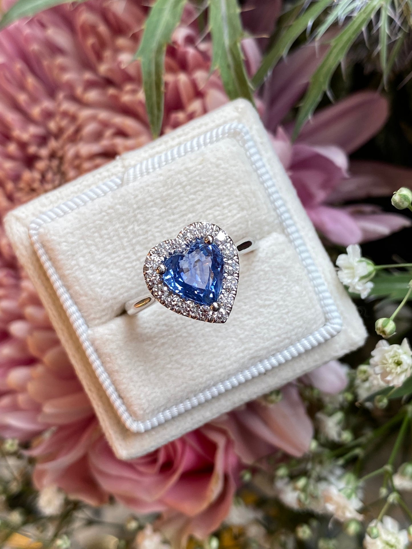 2.06 Carat Heart Shape Ceylon Sapphire and Natural Diamond Halo Ring in Platinum