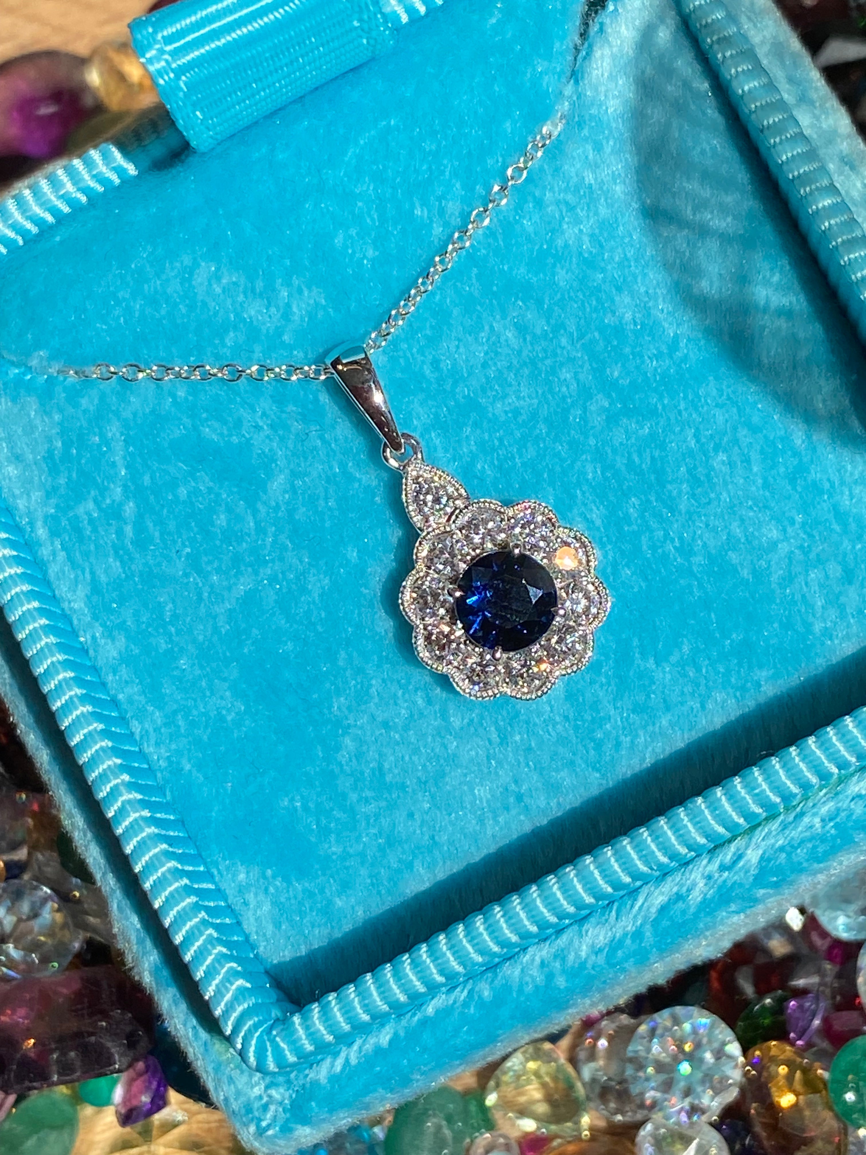 0.86 CTW Sapphire and Natural Diamond Pendant Necklace in 18ct White Gold