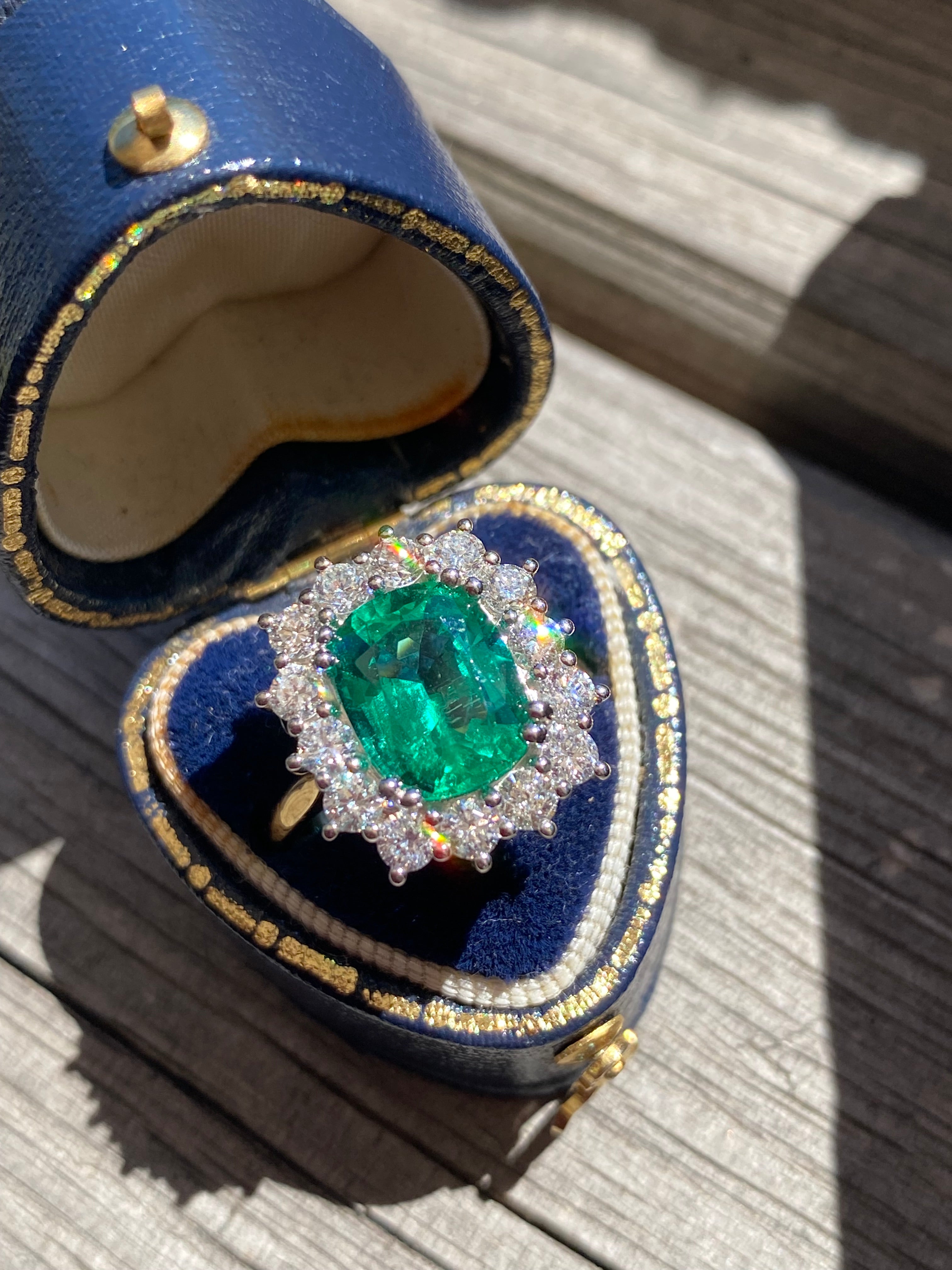 2.58 Carat Cushion Cut GIA Zambian Emerald and 1.07 CTW Natural Diamond Halo Ring in Platinum and 18ct Yellow Gold