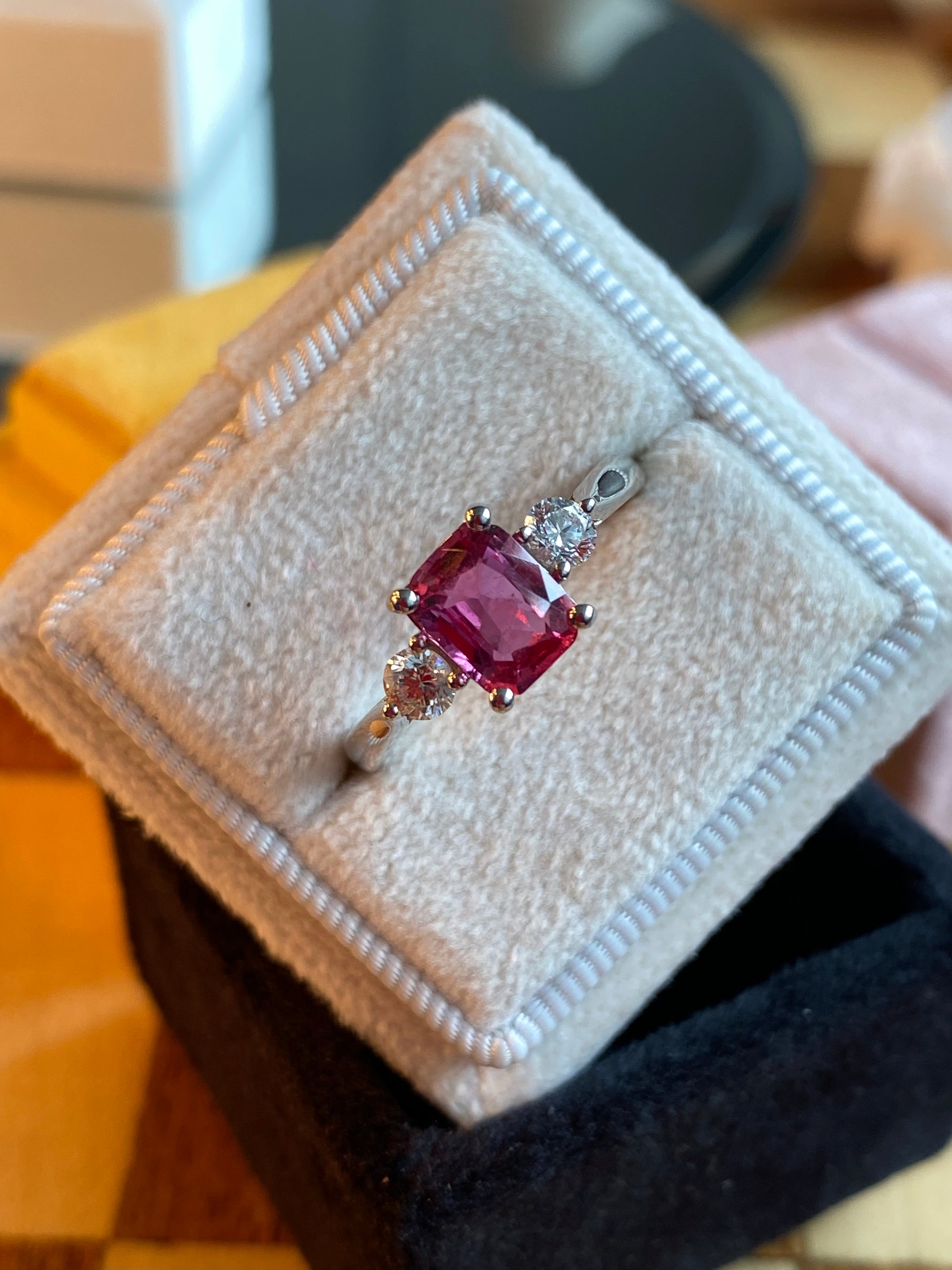 1.52 CTW Cushion Cut Ruby and Natural Diamond Three-Stone Engagement Ring in Platinum