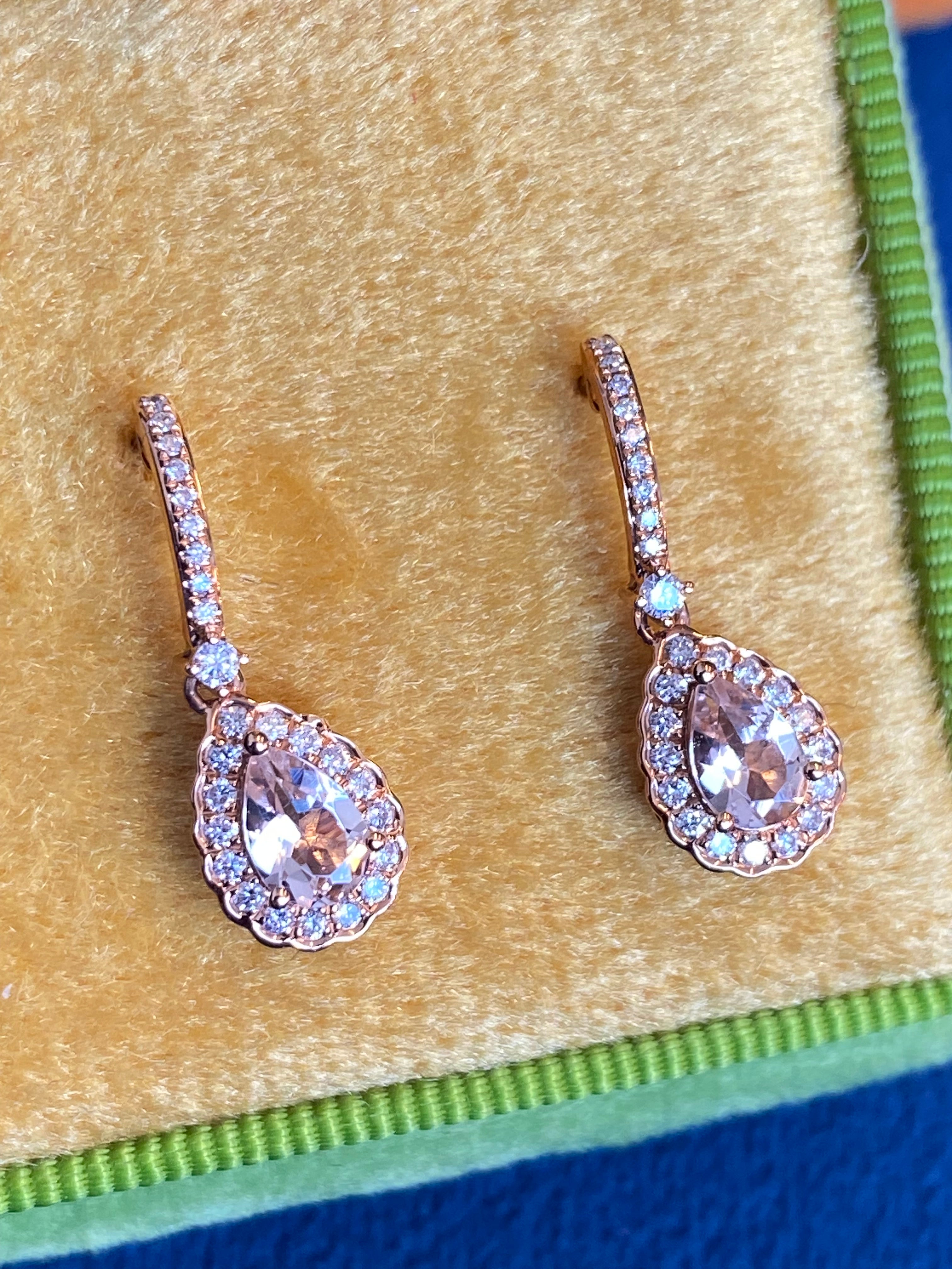 Beautiful Pear Cut Morganite and Natural Diamond Drop Earrings in 18ct Rose Gold