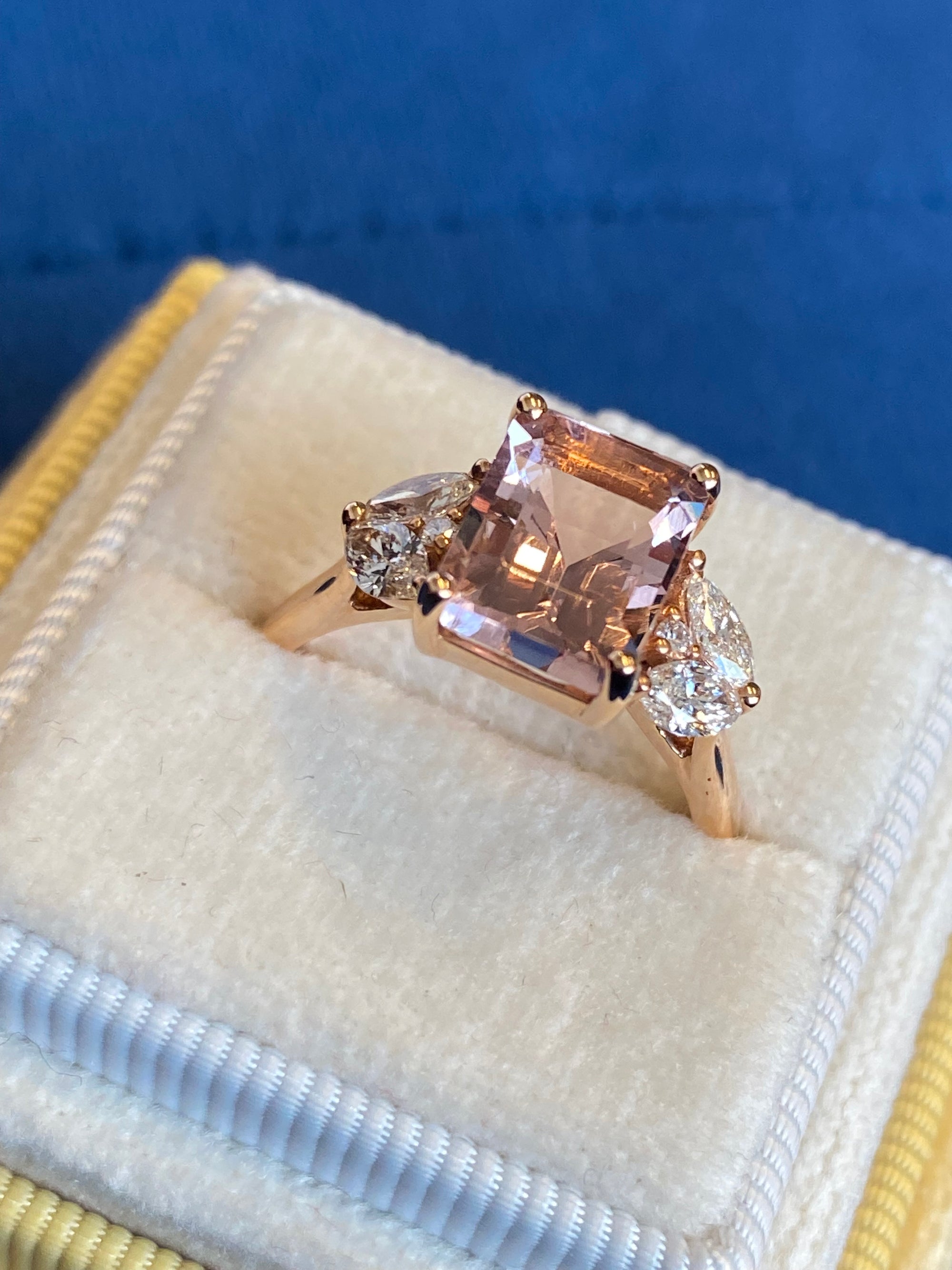 3.25 CTW Emerald Cut Morganite and Diamond Three Stone Engagement Ring in 18ct Rose Gold