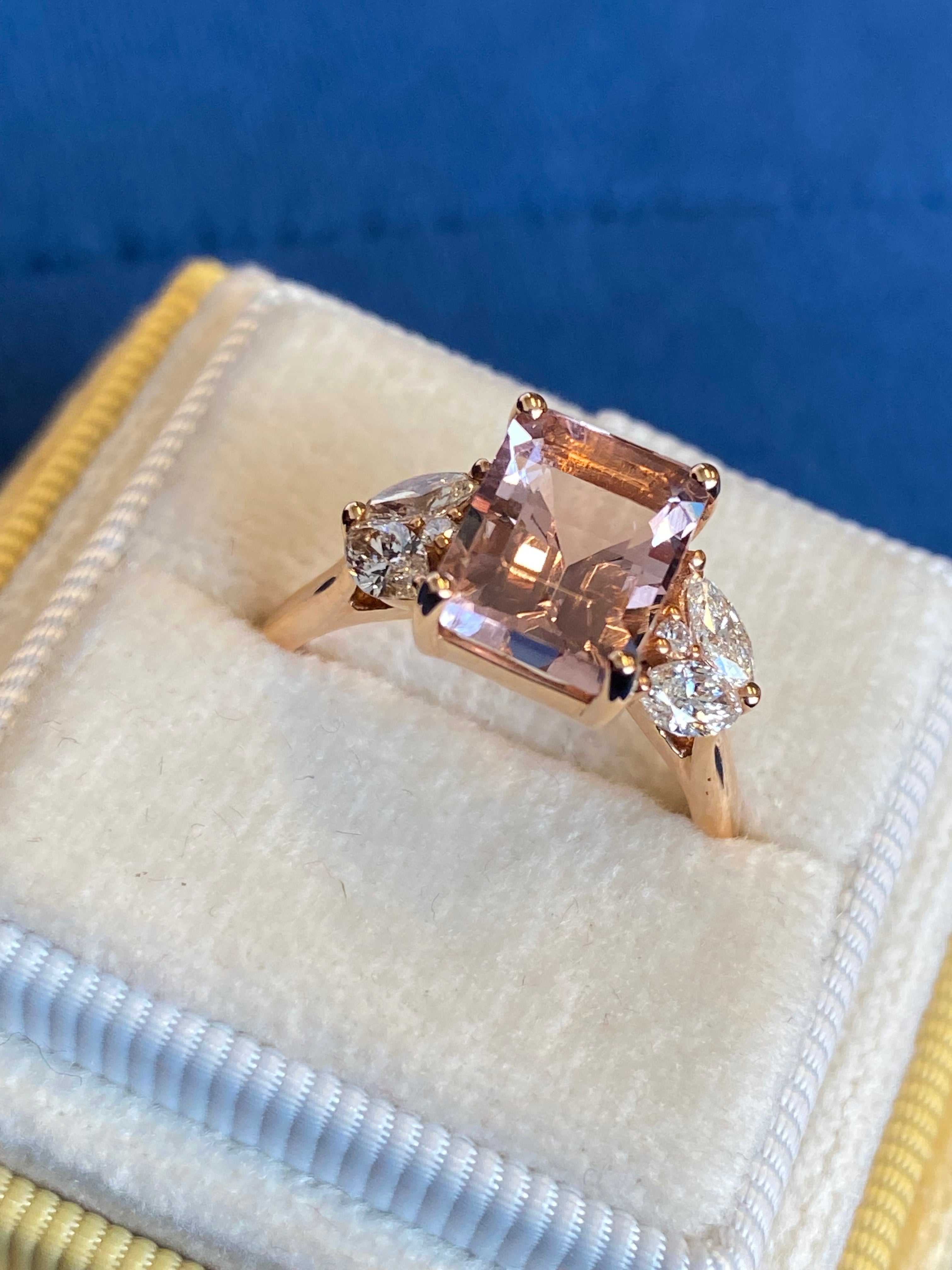 3.25 CTW Emerald Cut Morganite and Diamond Three Stone Engagement Ring in 18ct Rose Gold