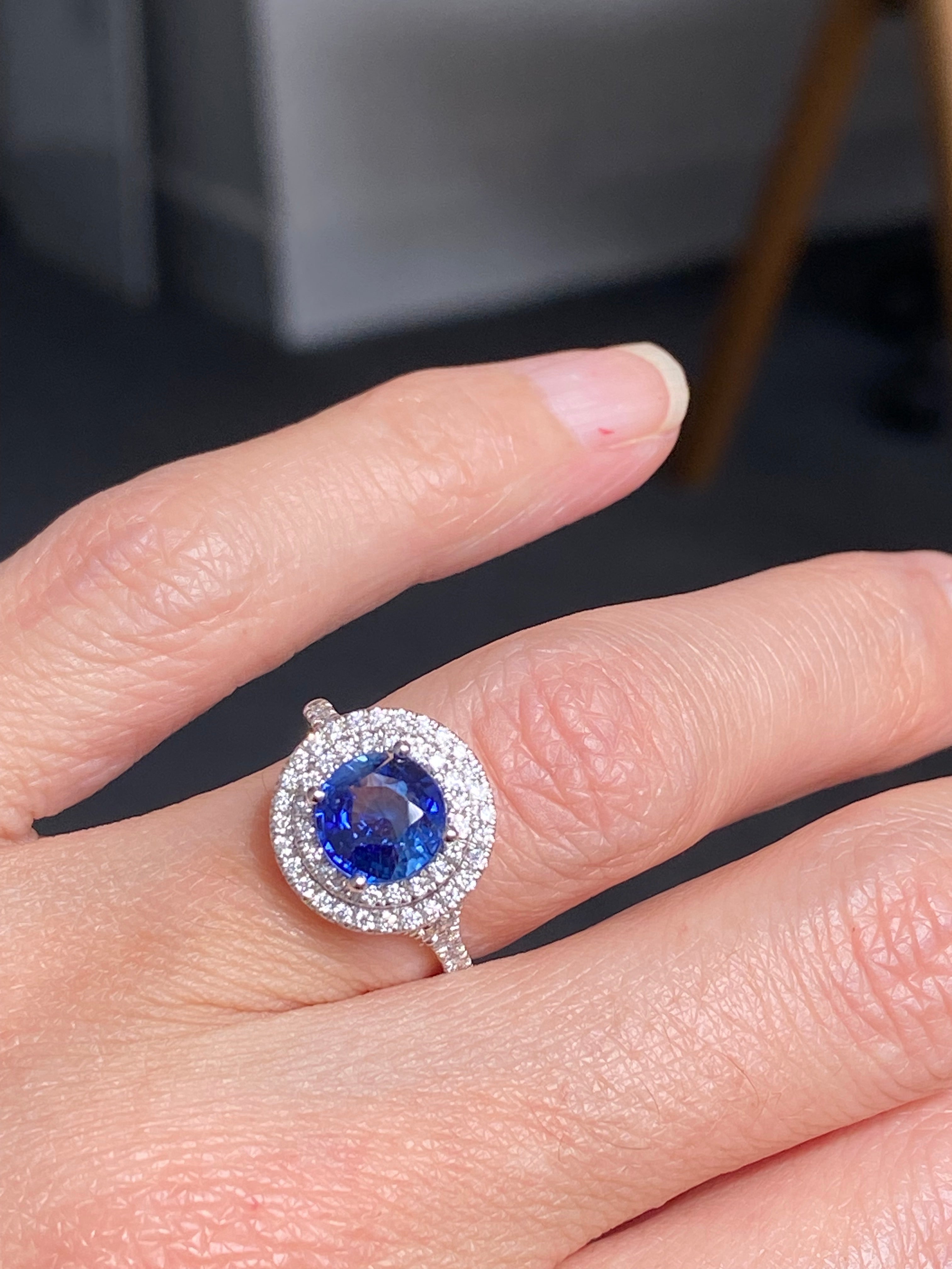 2.56 CTW Blue Ceylon Sapphire and Natural Diamond Double Halo Ring in Platinum