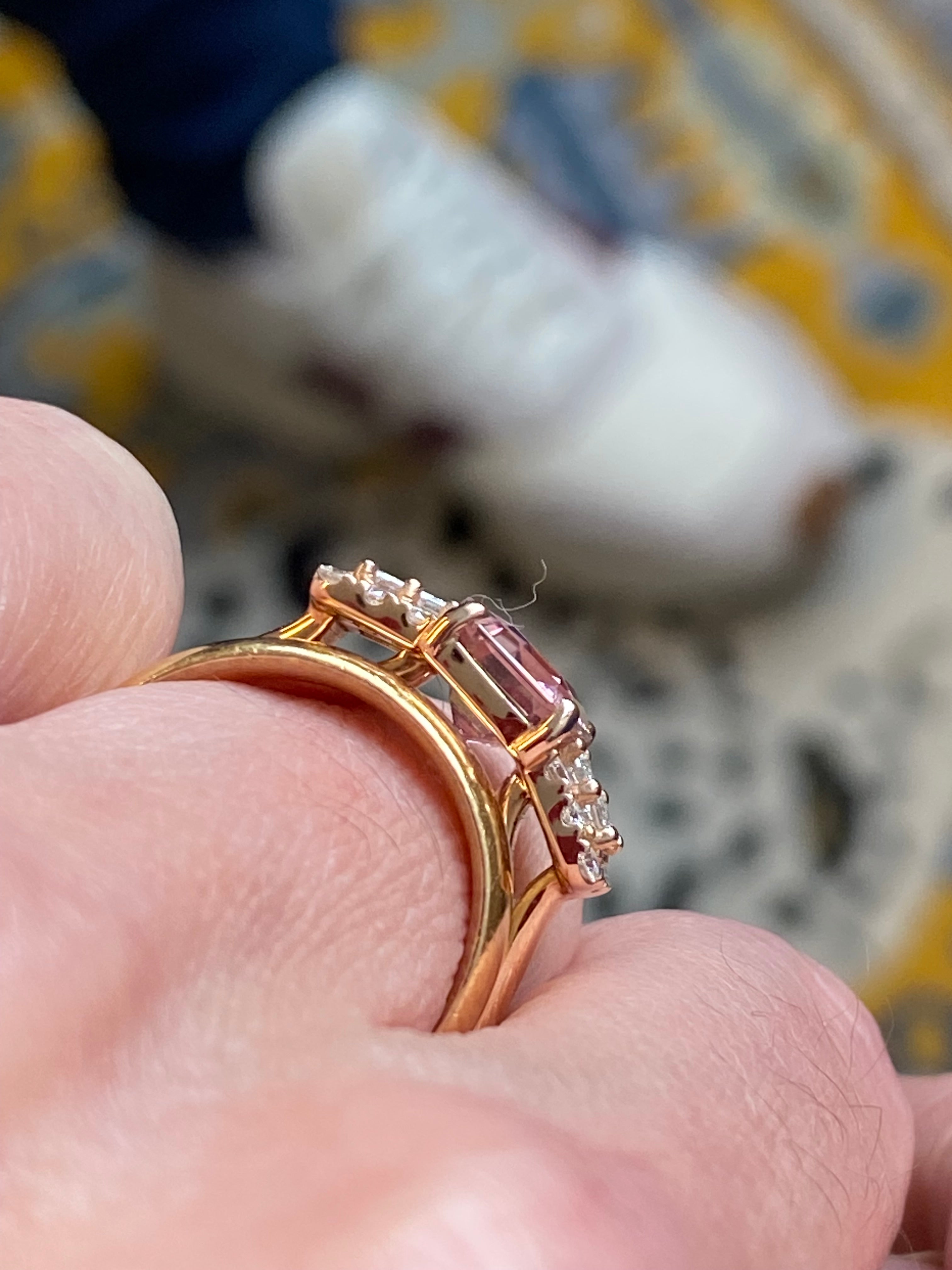 2.49 CTW Emerald Cut Morganite and Diamond Three Stone Style Engagement Ring in 18ct Rose Gold