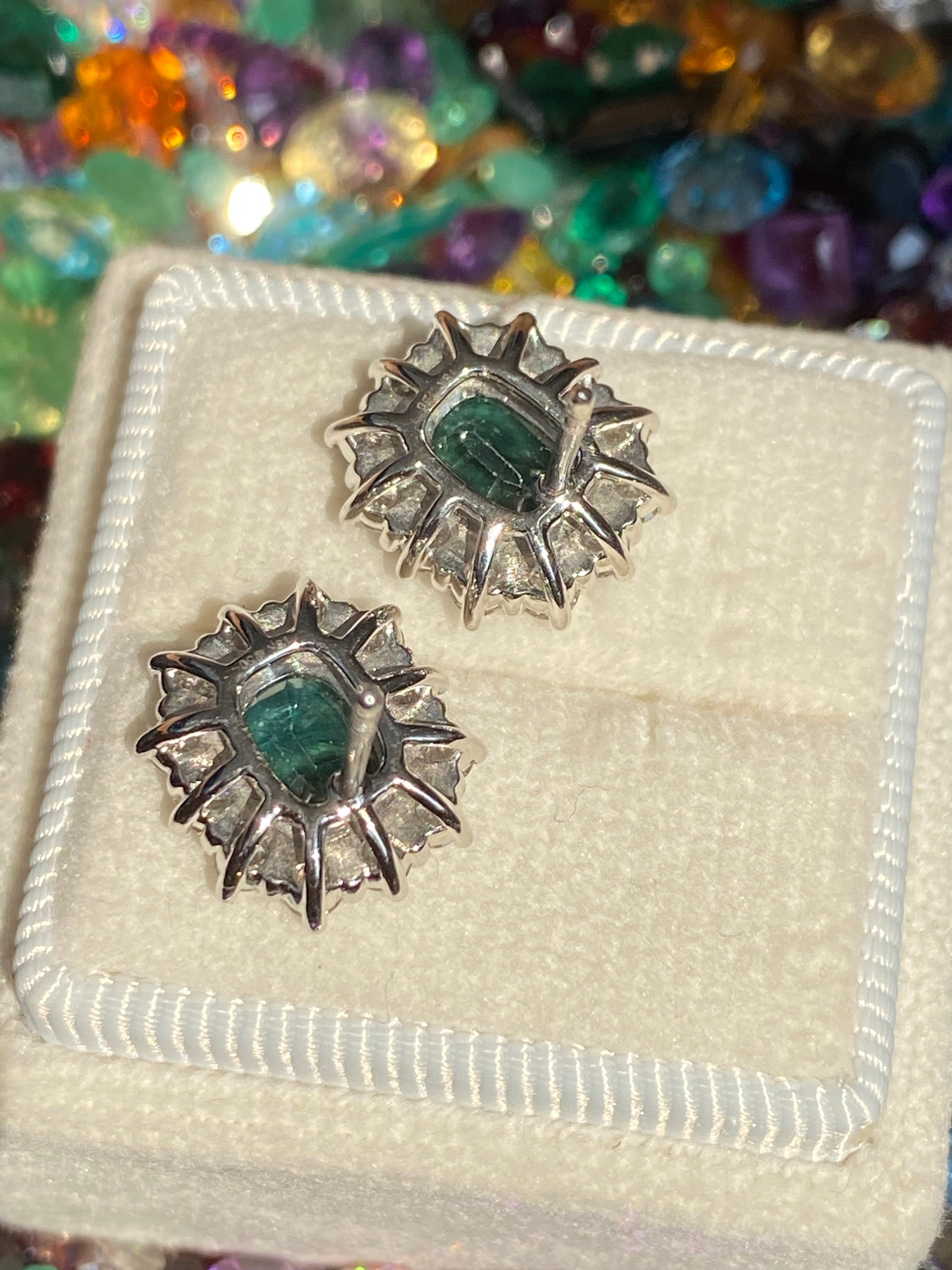 3.77 CTW Teal Sapphire and Natural Diamond Halo Stud Earrings in 18ct White Gold
