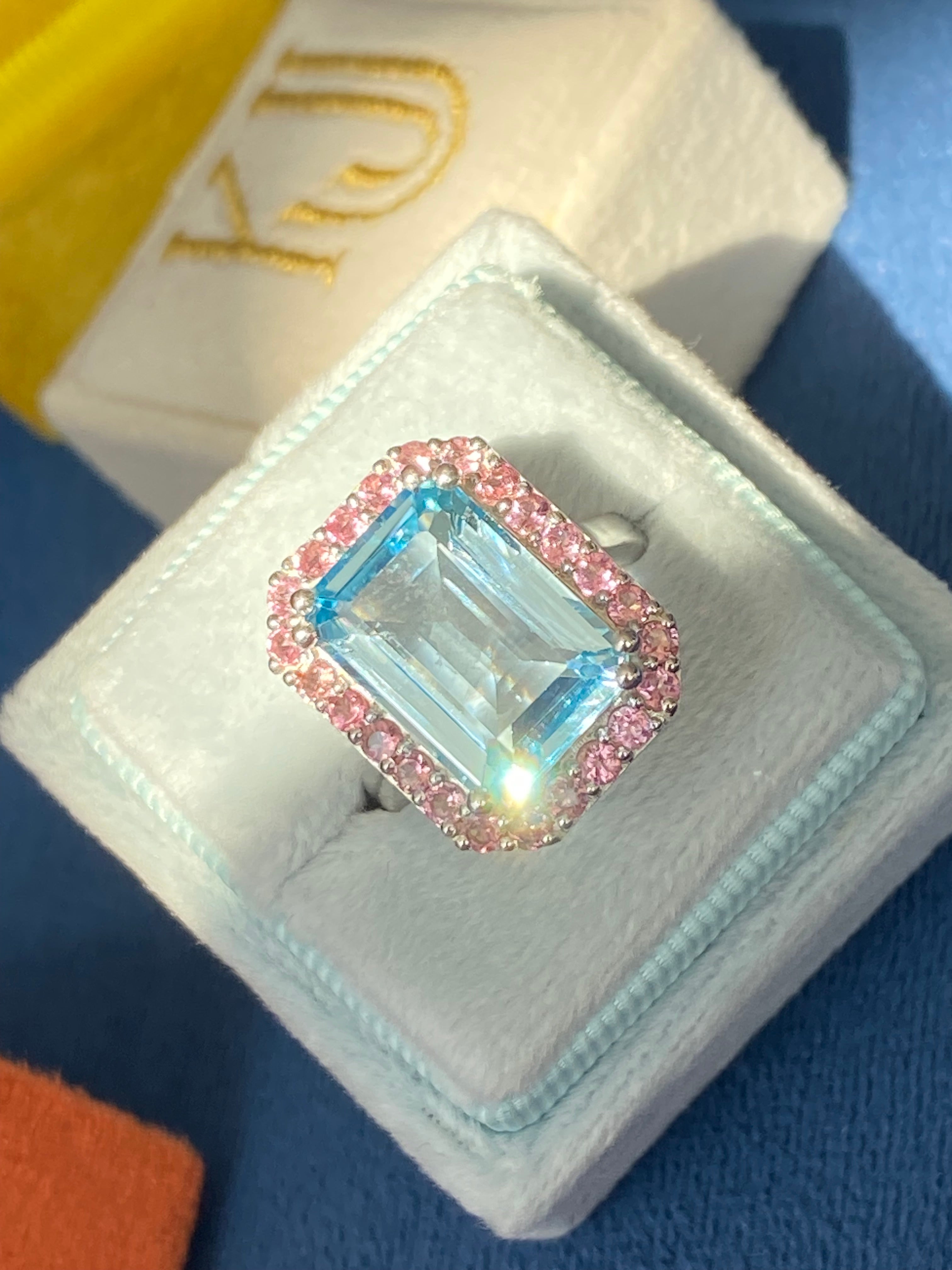 6.50 CTW Blue Topaz and Pink Tourmaline Halo Ring in Sterling Silver