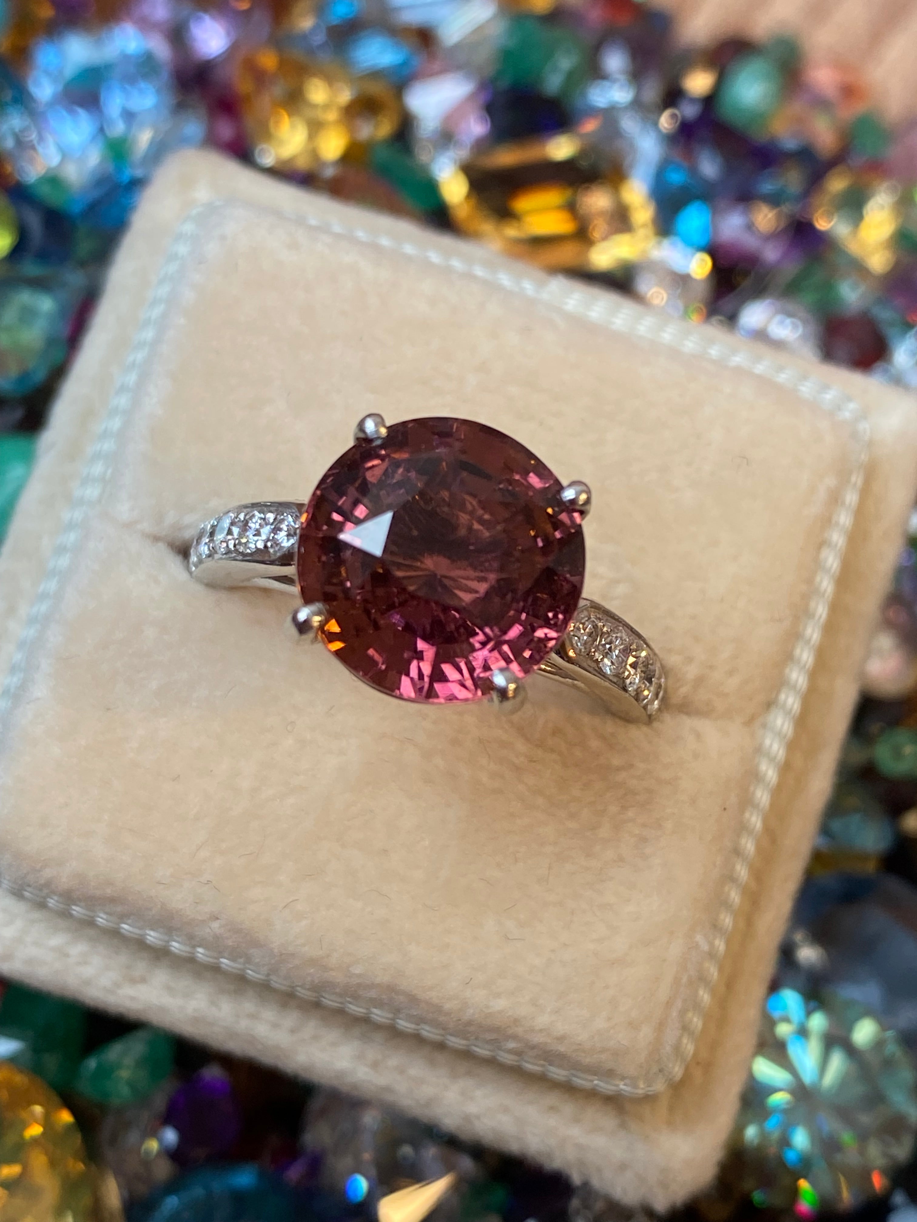 5.09 Carat Round Cut Pink Tourmaline and Natural Diamond Engagement Ring in Platinum