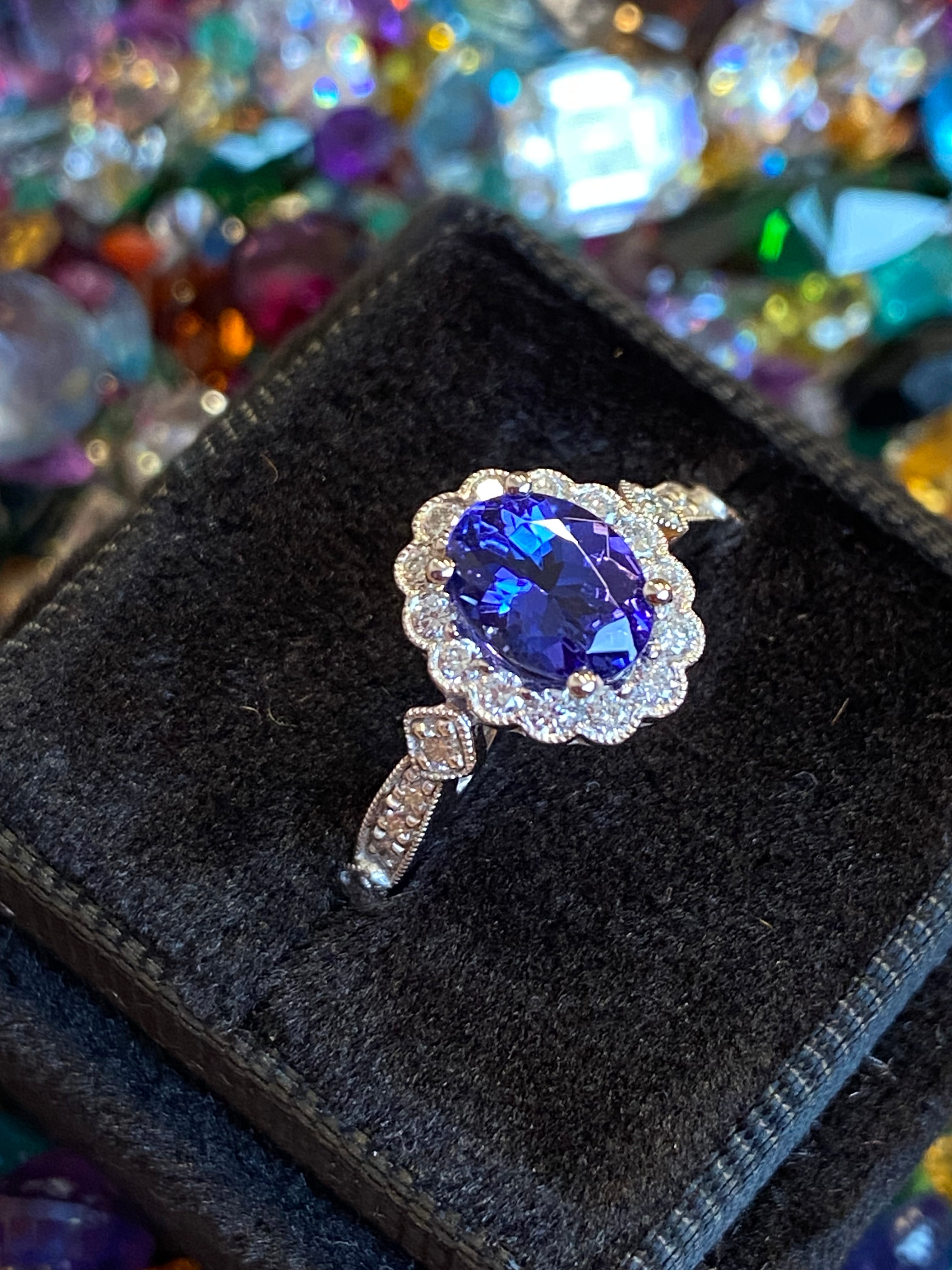1.44 CTW Tanzanite and Natural Diamond Halo Ring in Platinum