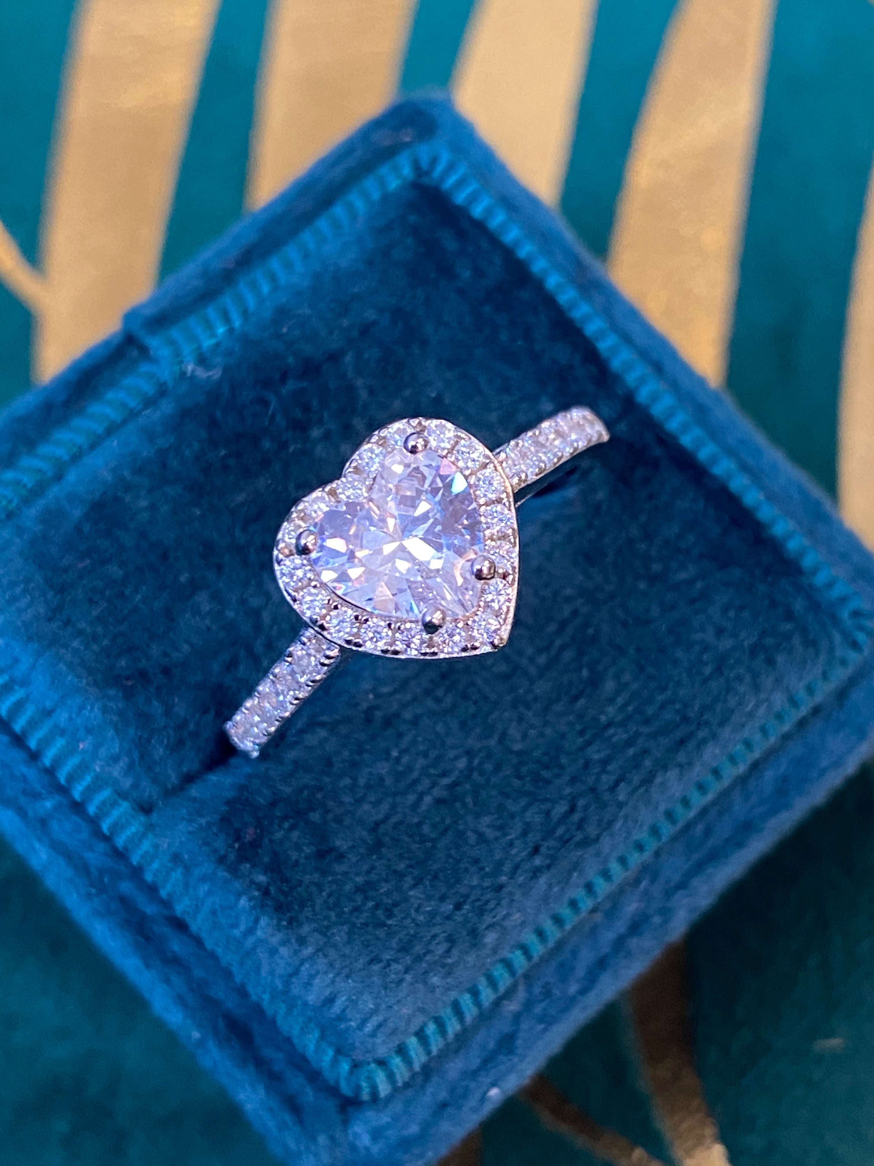 Heart Shape Moissanite Halo Engagement and Wedding / Eternity Ring Set in Sterling Silver