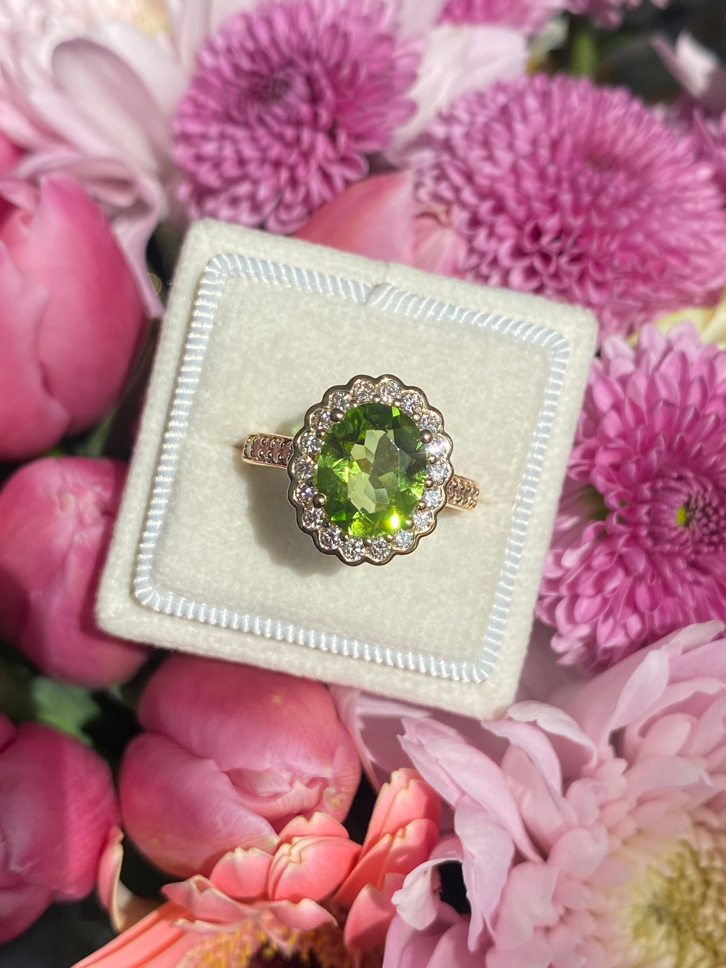 2.96 Carat Peridot and Natural Diamond Halo Ring in 18ct Yellow Gold
