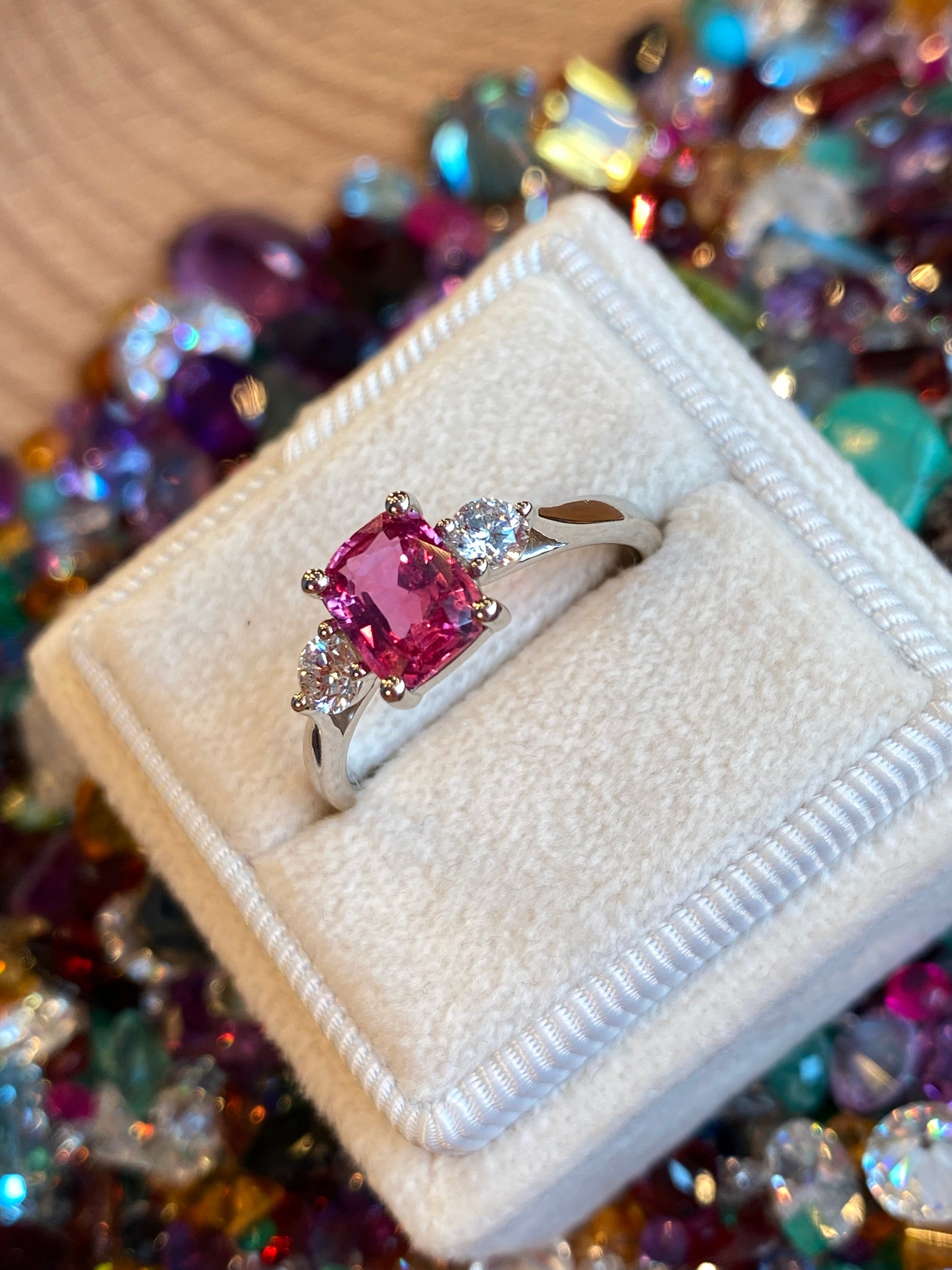 1.52 CTW Cushion Cut Ruby and Natural Diamond Three-Stone Engagement Ring in Platinum