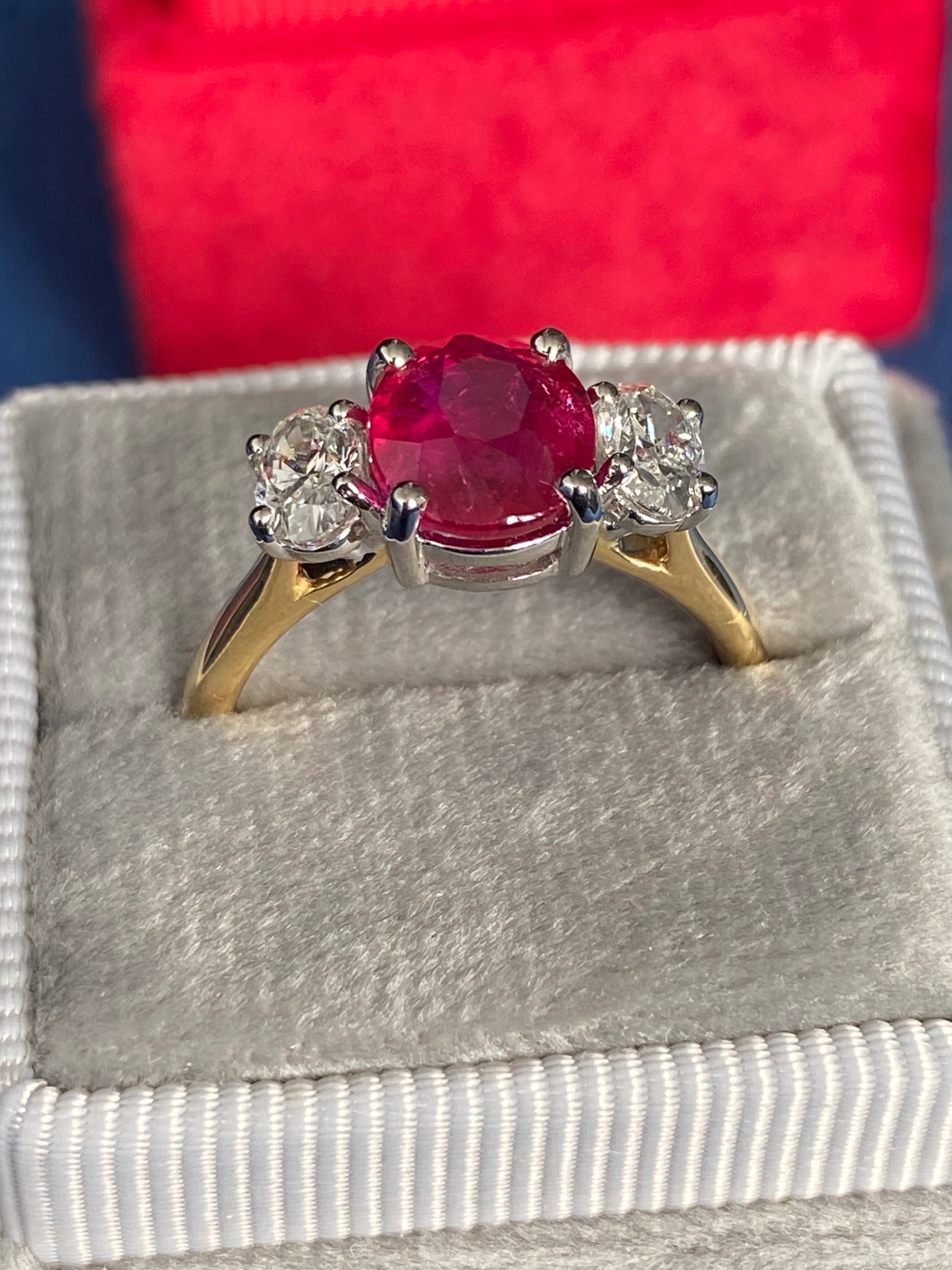 2.03 Carat Ruby and Natural Diamond Three Stone Ring in Platinum and 18ct Yellow Gold