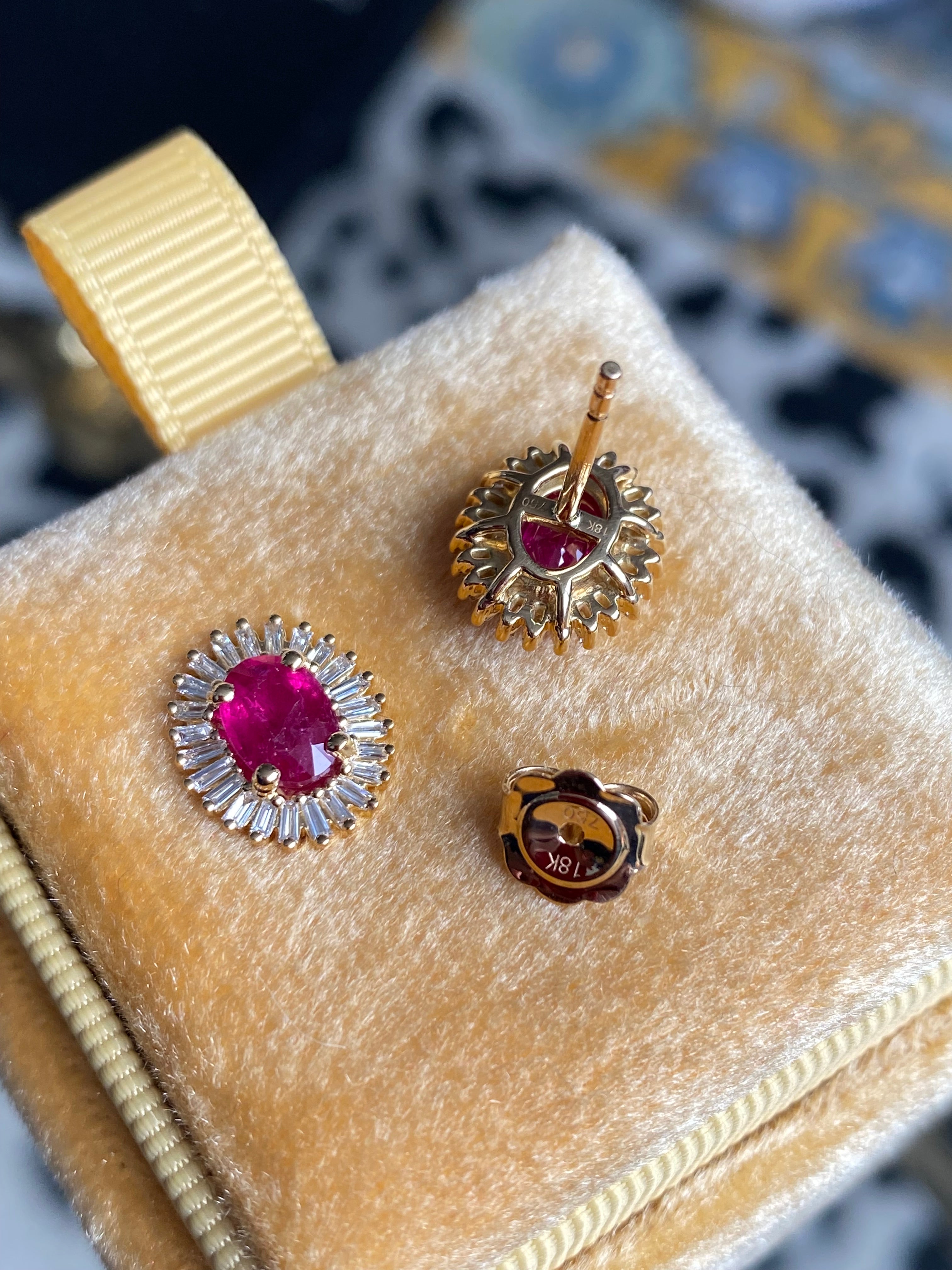 2.22 CTW Ruby and Natural Diamond Halo Stud Ballerina Earrings in 18ct Yellow Gold