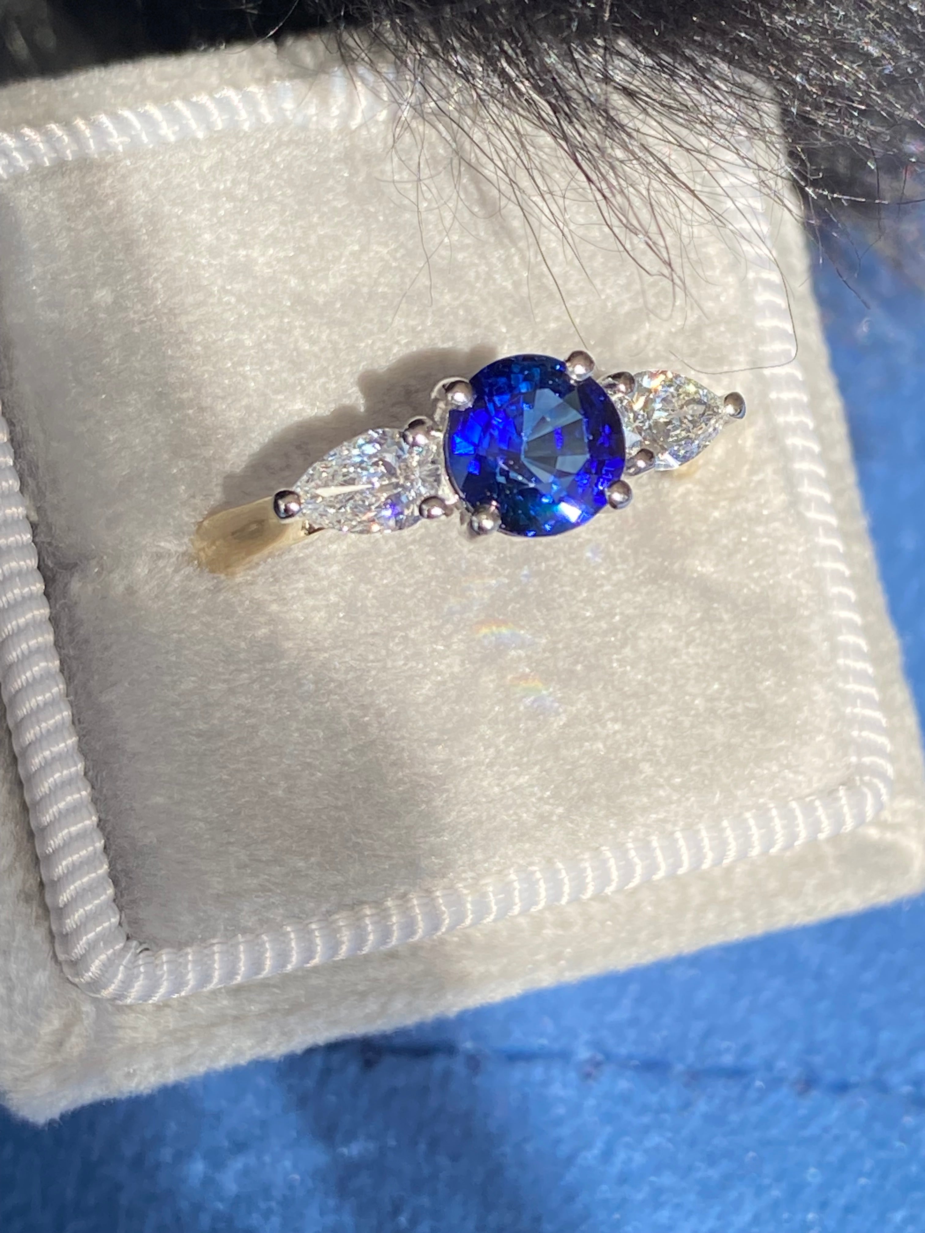 1.52 CTW Blue Ceylon Sapphire and Natural Diamond Three Stone Engagement Ring in Platinum and 18ct Yellow Gold