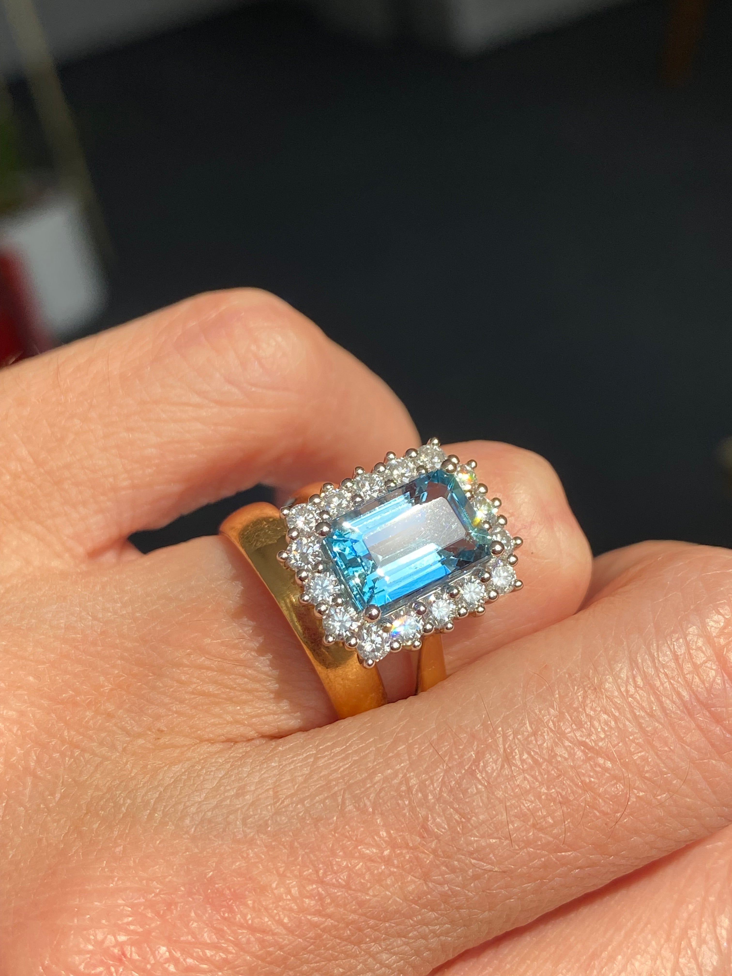 3.05 Carat Aquamarine and 0.89ctw Natural Diamond Halo Ring in Platinum and 18ct Yellow Gold