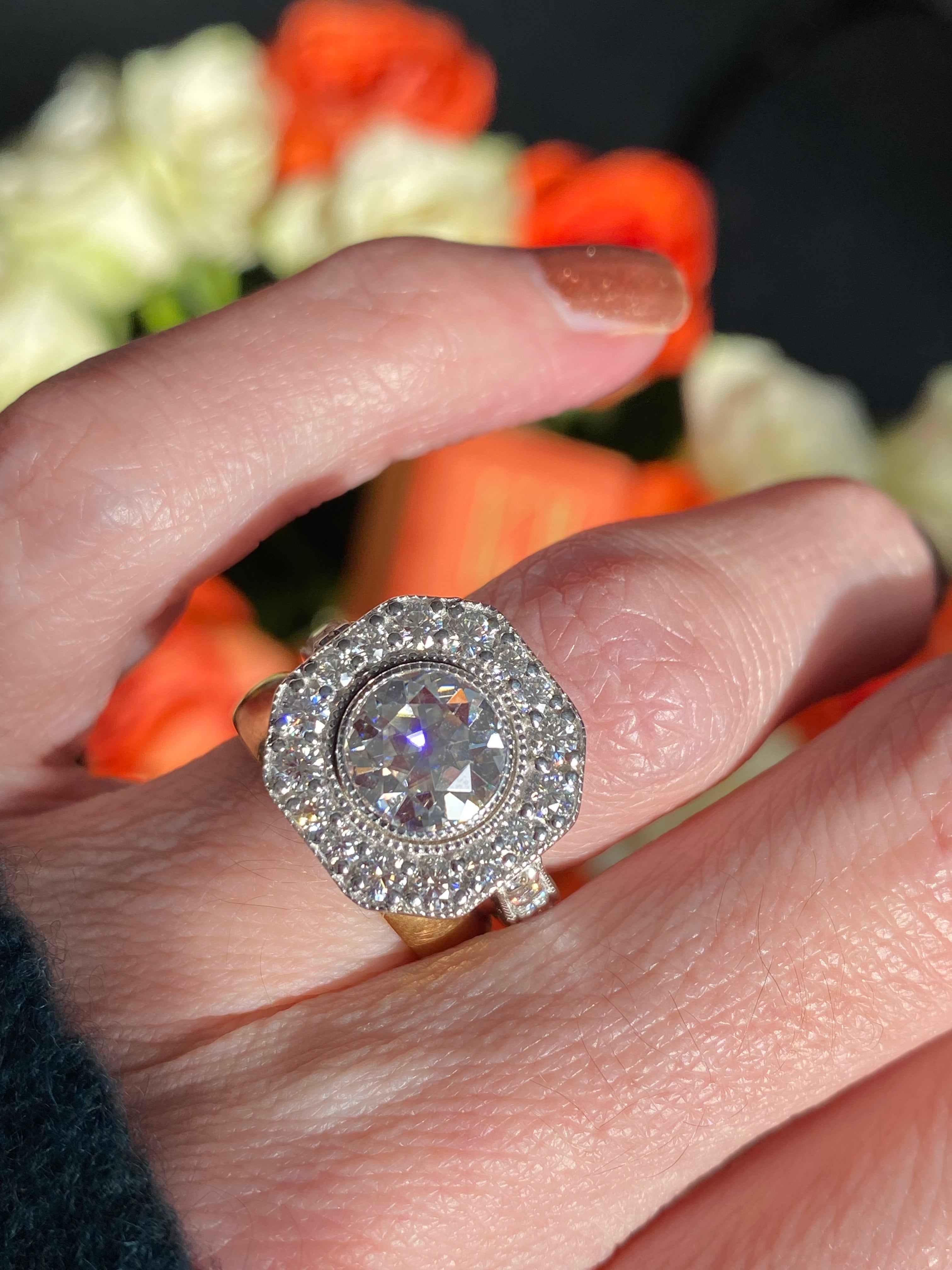 3.00 CTW Old Cut Moissanite Art Deco Style Halo Engagement Ring in Sterling Silver