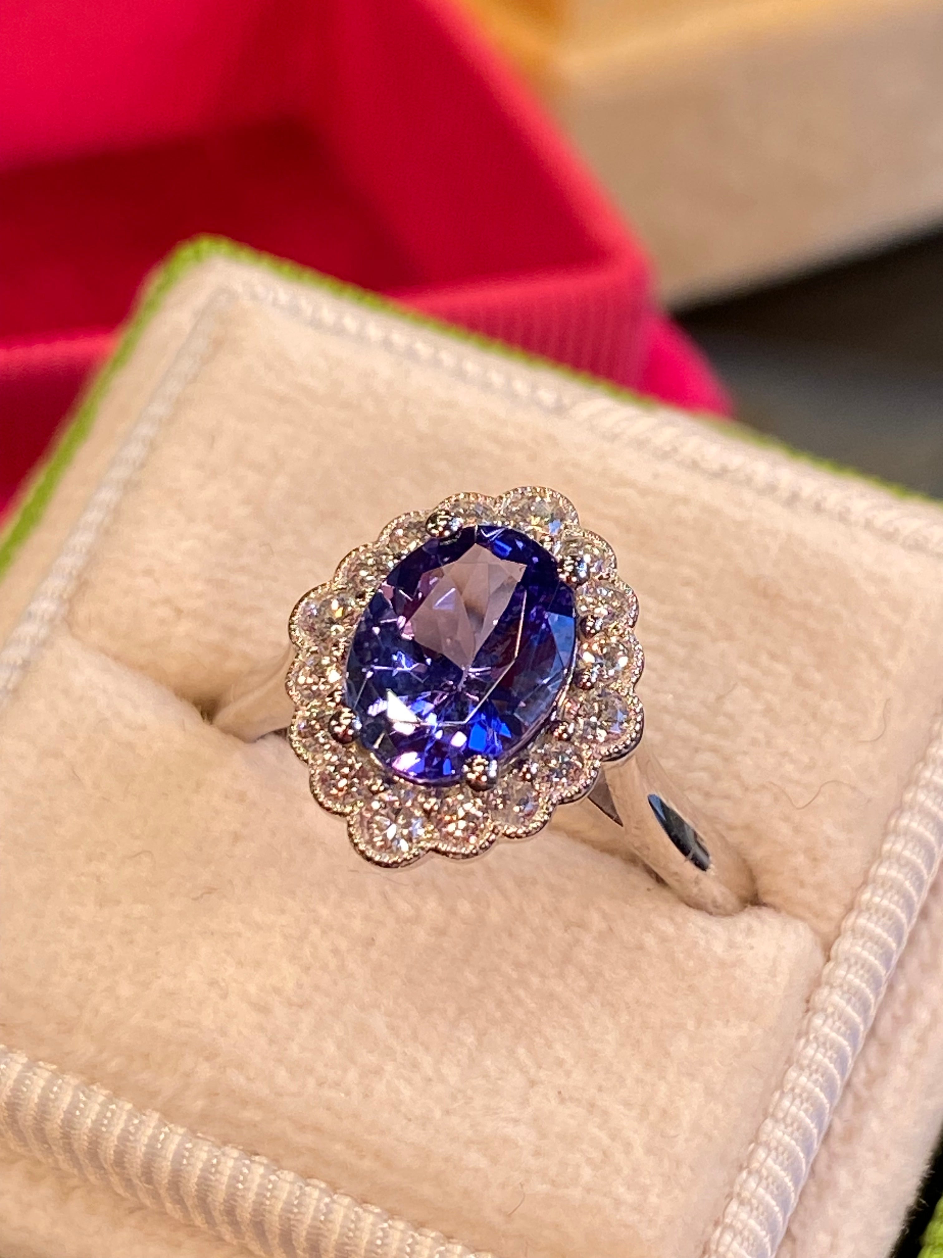 1.99 CTW Tanzanite and Natural Diamond Halo Ring in Platinum