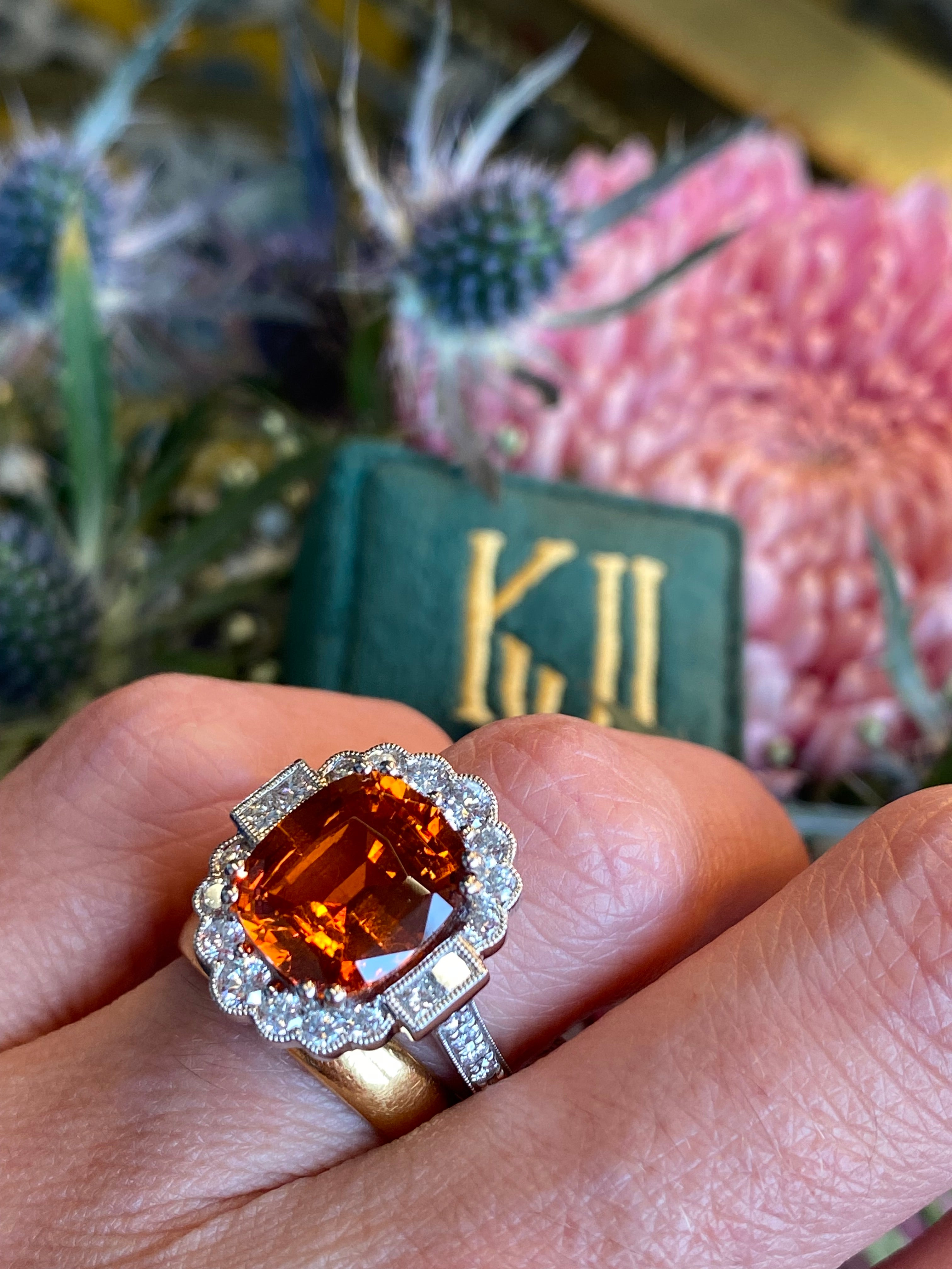 5.95 Carat Hessonite Garnet and 1.03ctw Natural Diamond Ring in Platinum