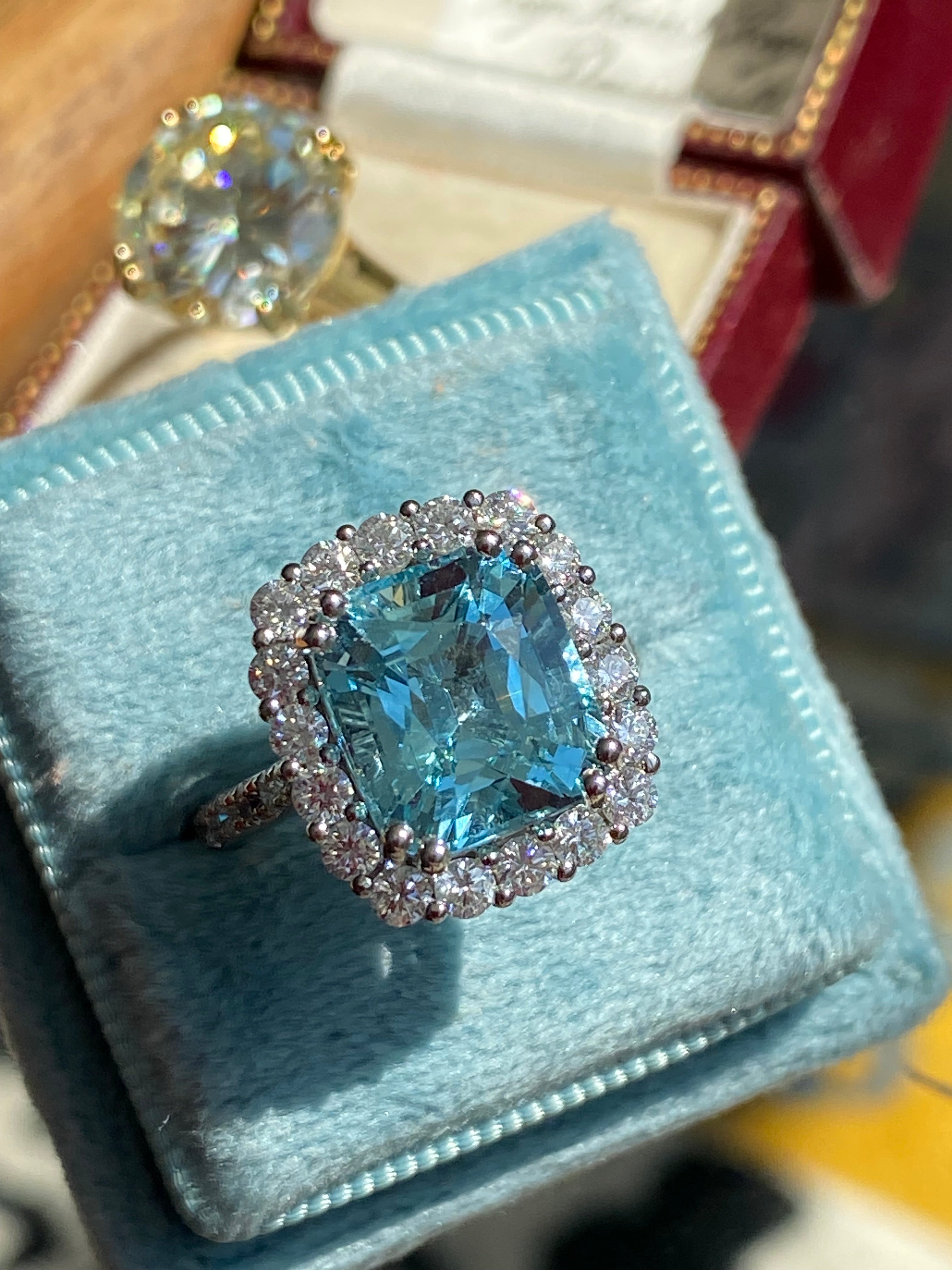 5.69 CTW Cushion Cut Aquamarine and Diamond Engagement Ring in Platinum