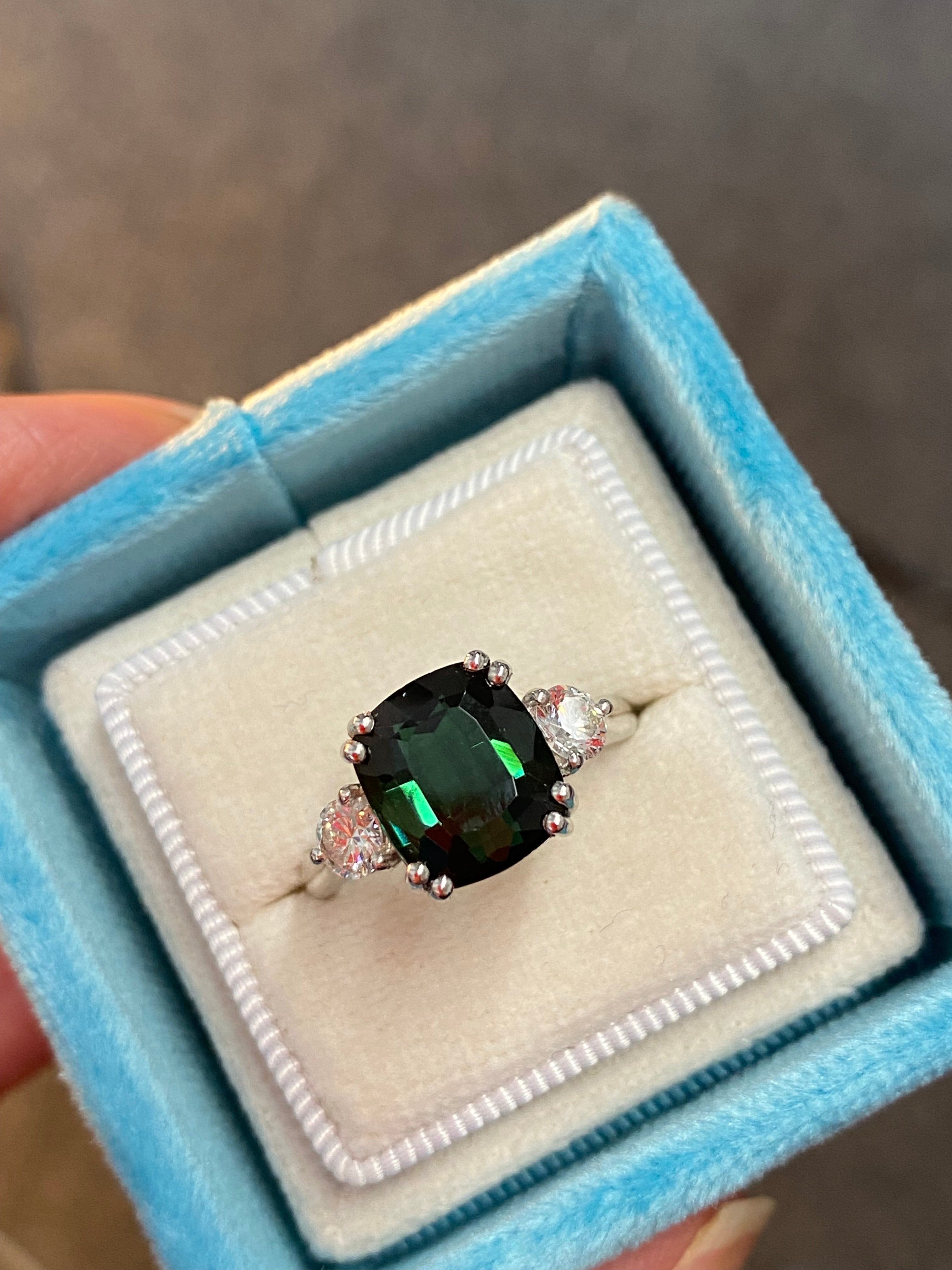 3.97 Carat Green Tourmaline and Natural Diamond Ring in Platinum