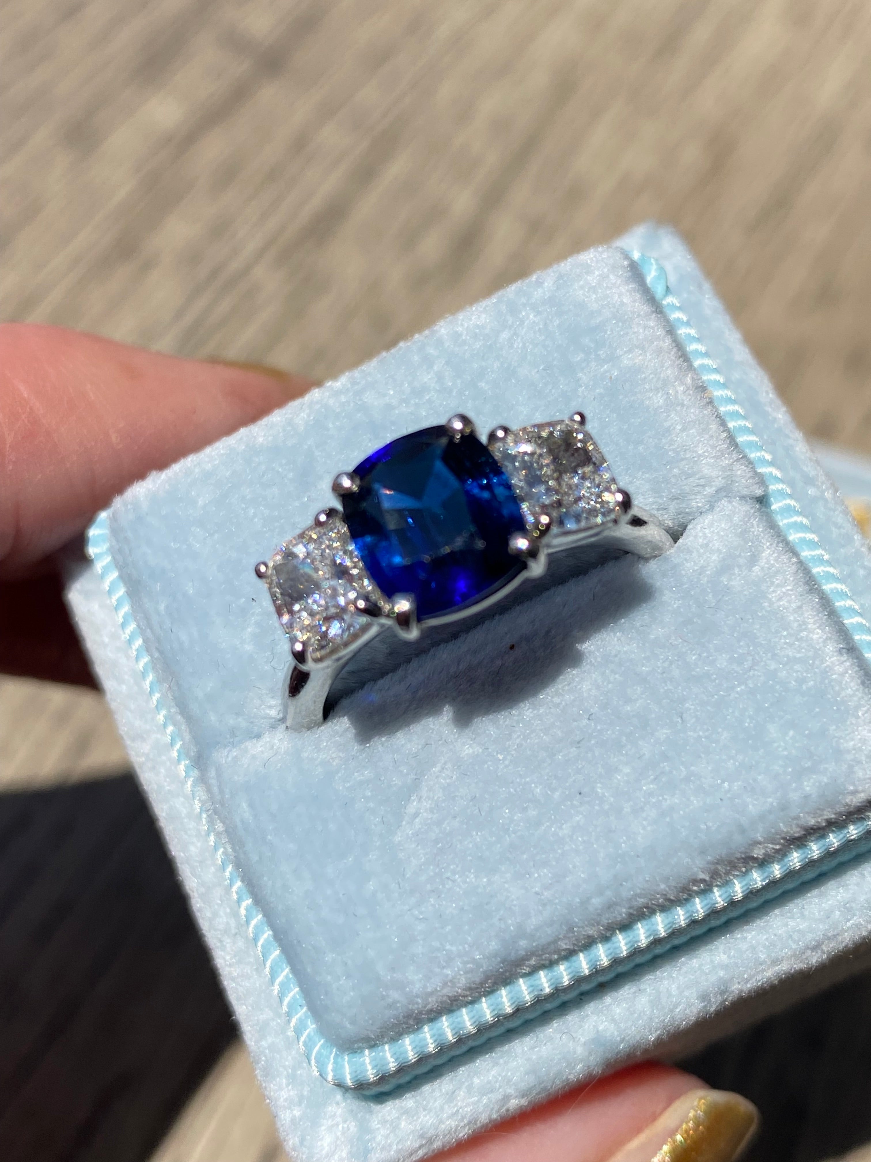 3.31 CTW Blue Ceylon Sapphire and Natural Diamond Three Stone Engagement Ring in Platinum