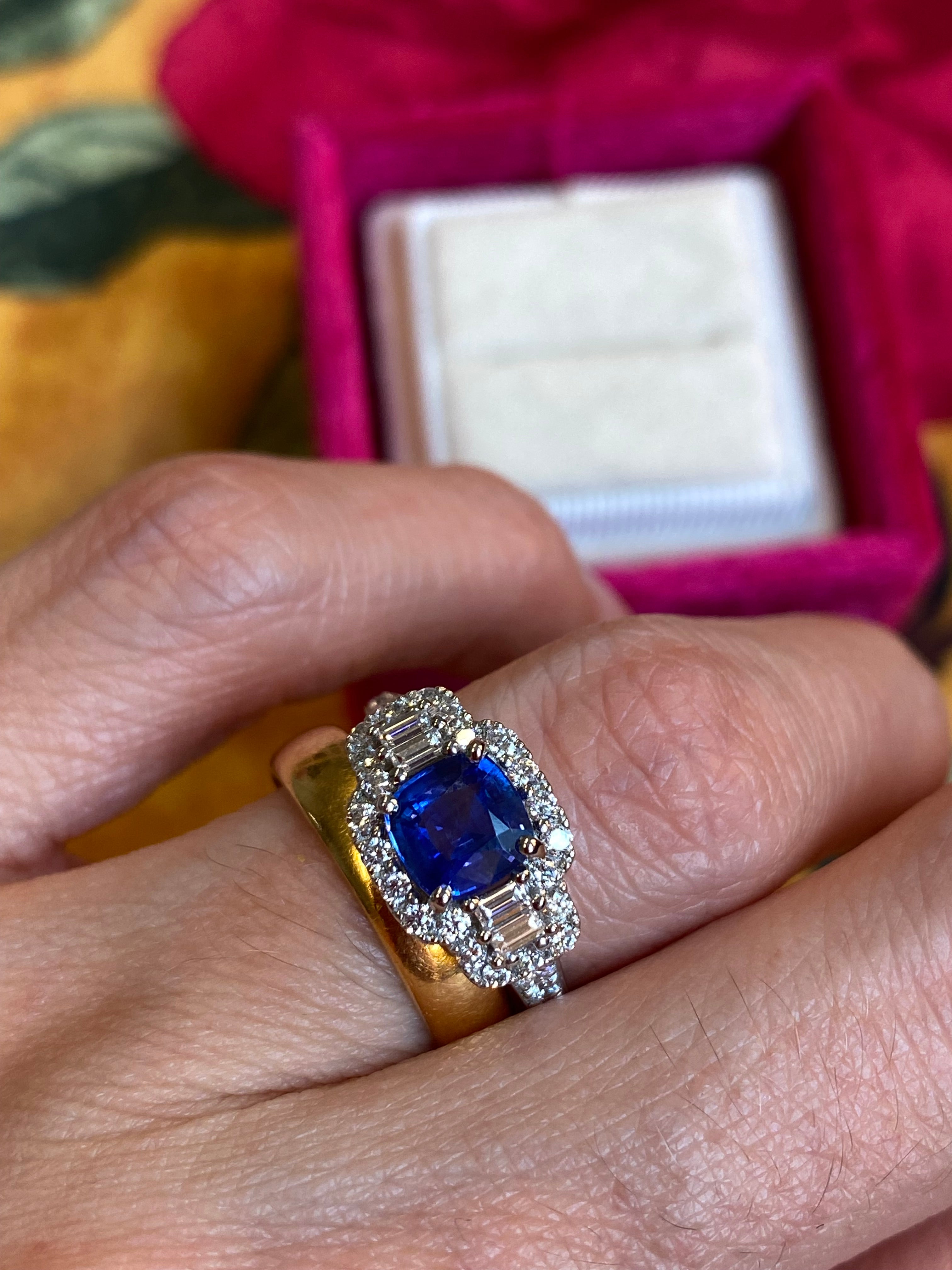 1.83 CTW Blue Ceylon Sapphire and Natural Diamond Three Stone Engagement Ring in Platinum