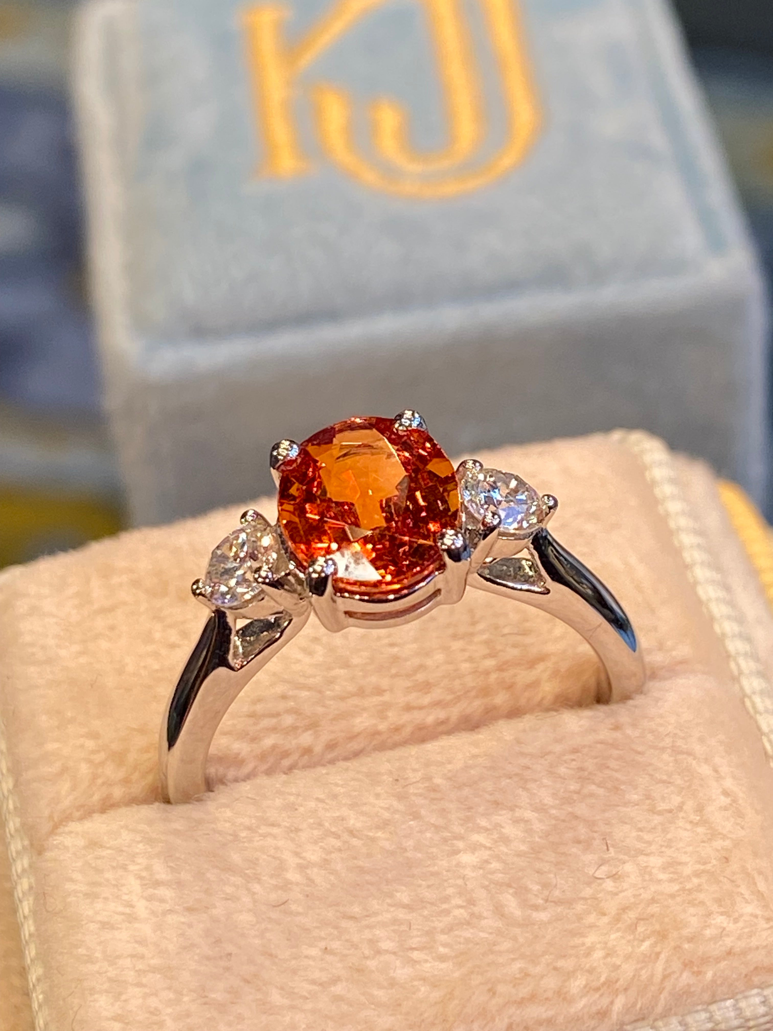 2.42 CTW Mandarin Garnet and Natural Diamond Three Stone Ring in Platinum