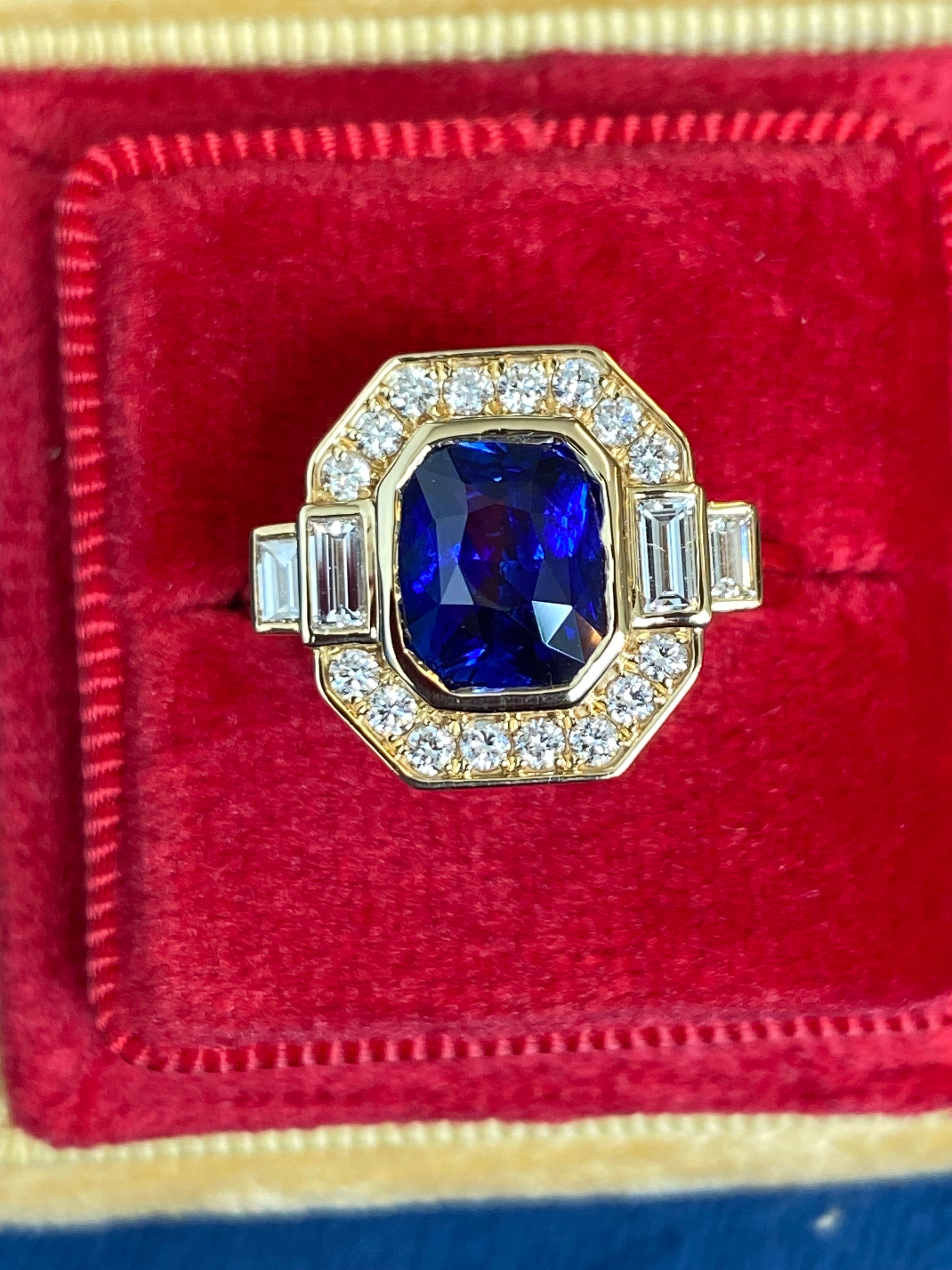 2.28 Carat Cushion Cut Ceylon Sapphire and Natural Diamond Ring in 18ct Yellow Gold