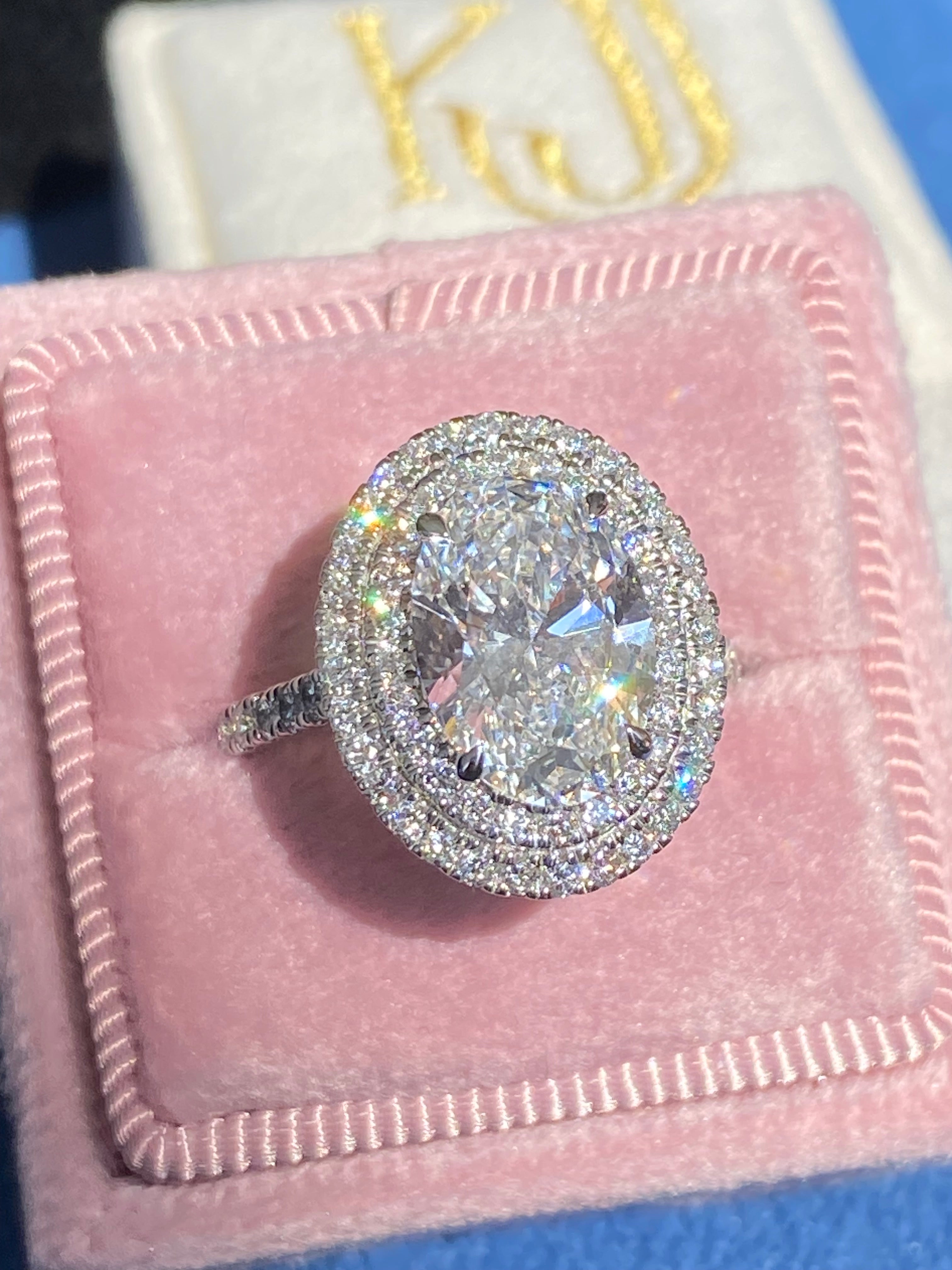 3.92 CTW Oval Cut Lab Diamond Double Halo Engagement Ring in Platinum