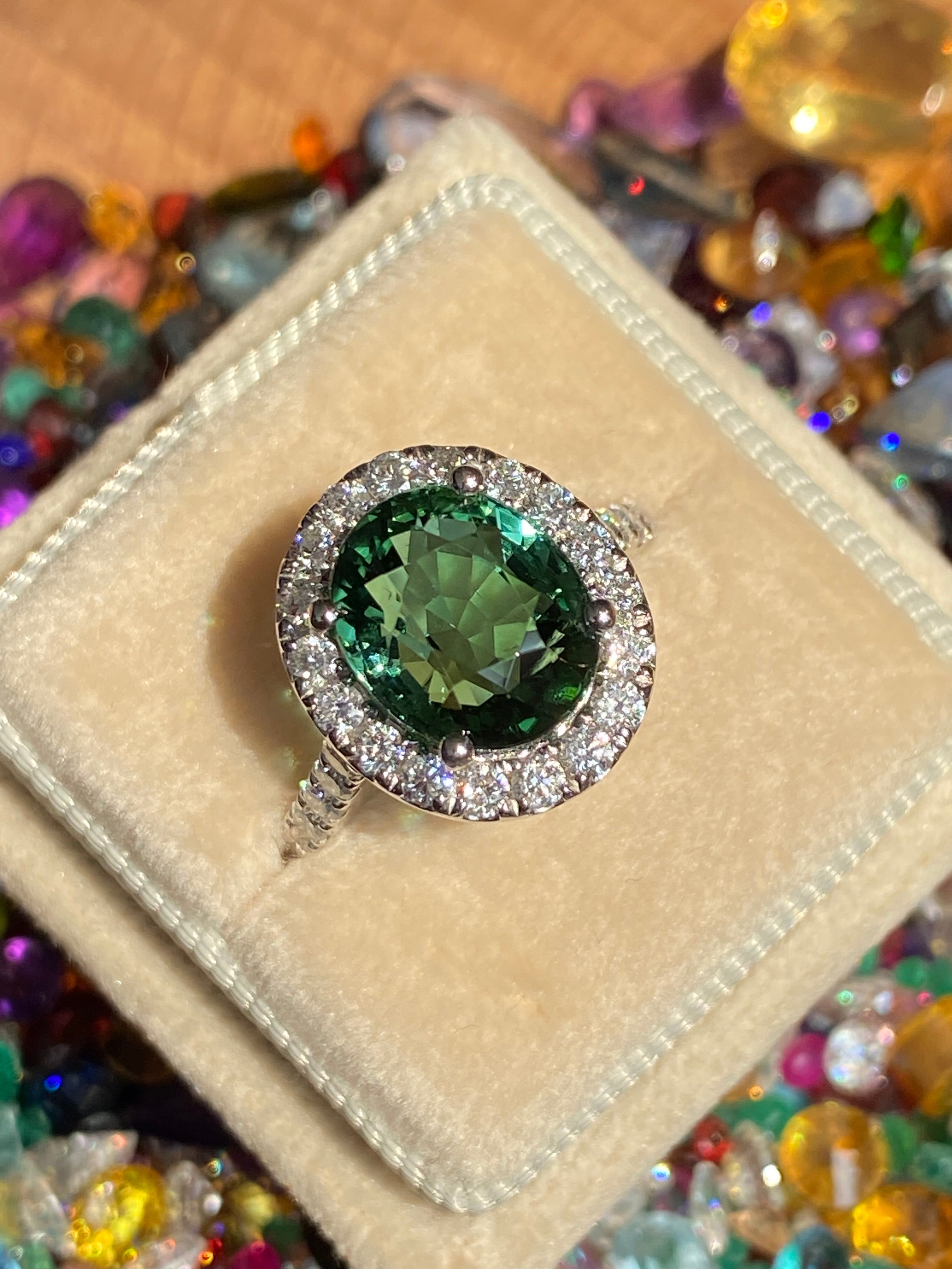 5.45 CTW Green Tourmaline and Natural Diamond Halo Ring in Platinum
