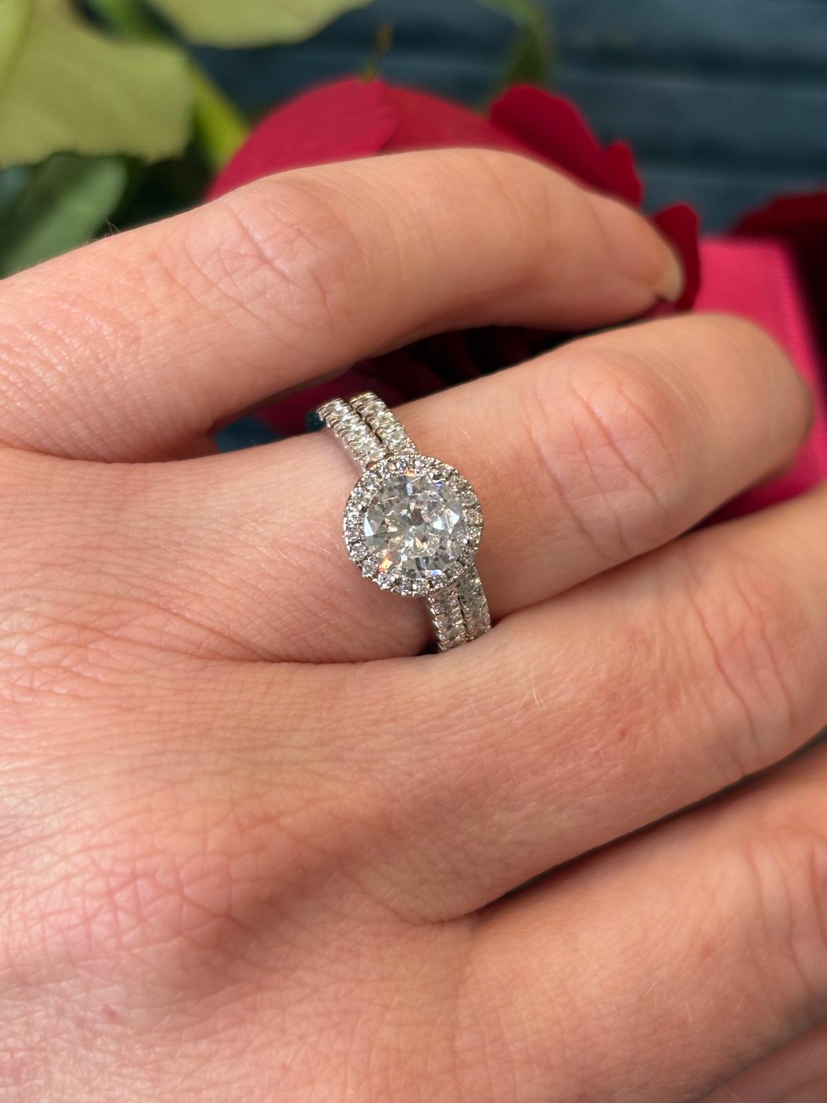 Round Cut Moissanite Halo Engagement and Wedding / Eternity Ring Set in Sterling Silver