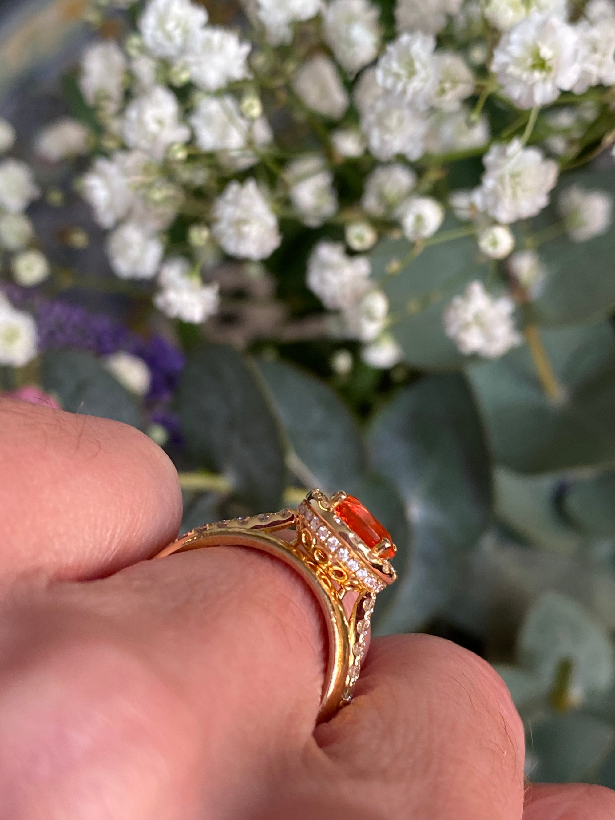 1.37 CTW Fire Opal and Natural Diamond Halo Ring in 18ct Yellow Gold