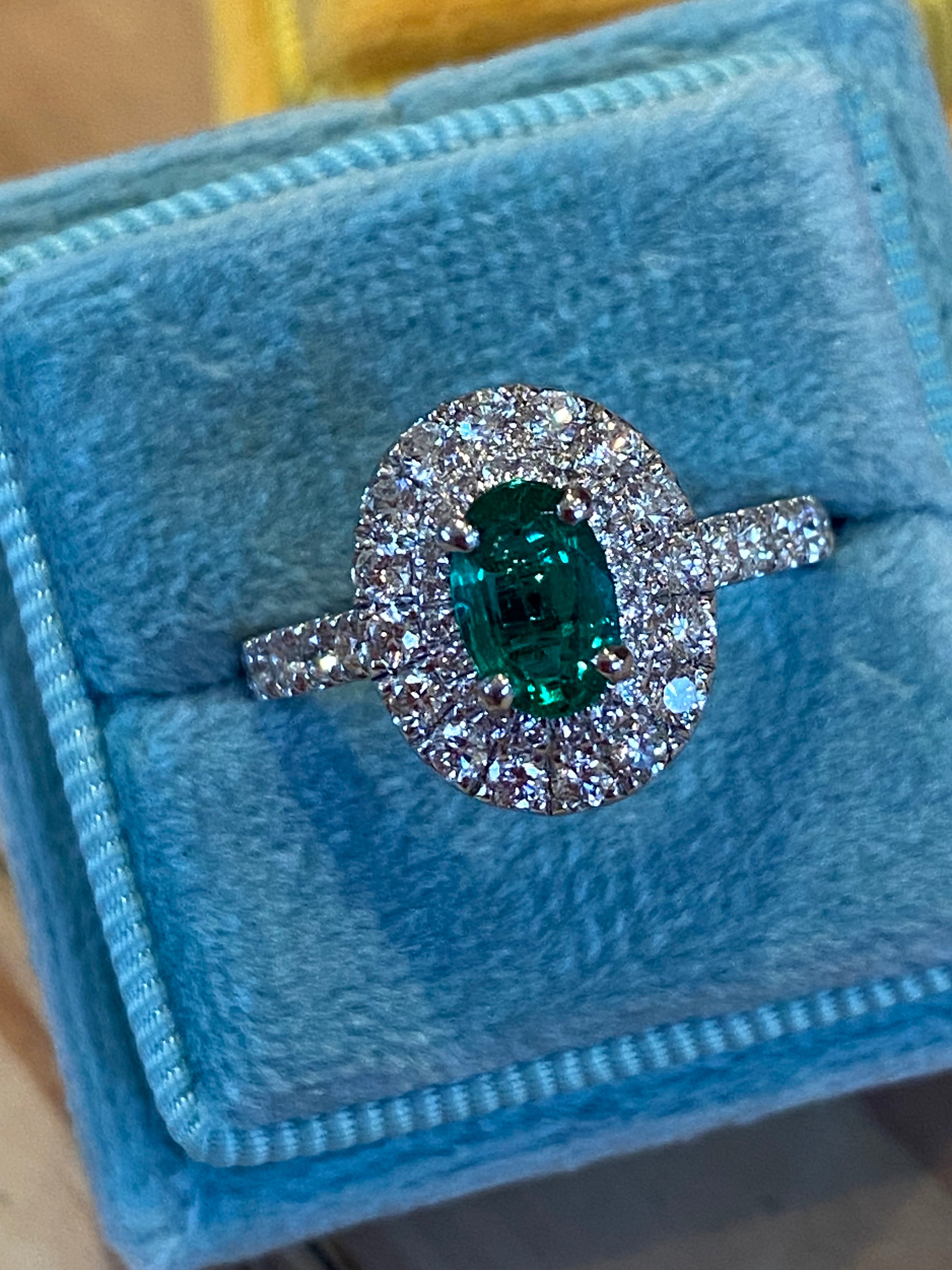 1.45 CTW Emerald and Natural Diamond Double Halo Ring in Platinum