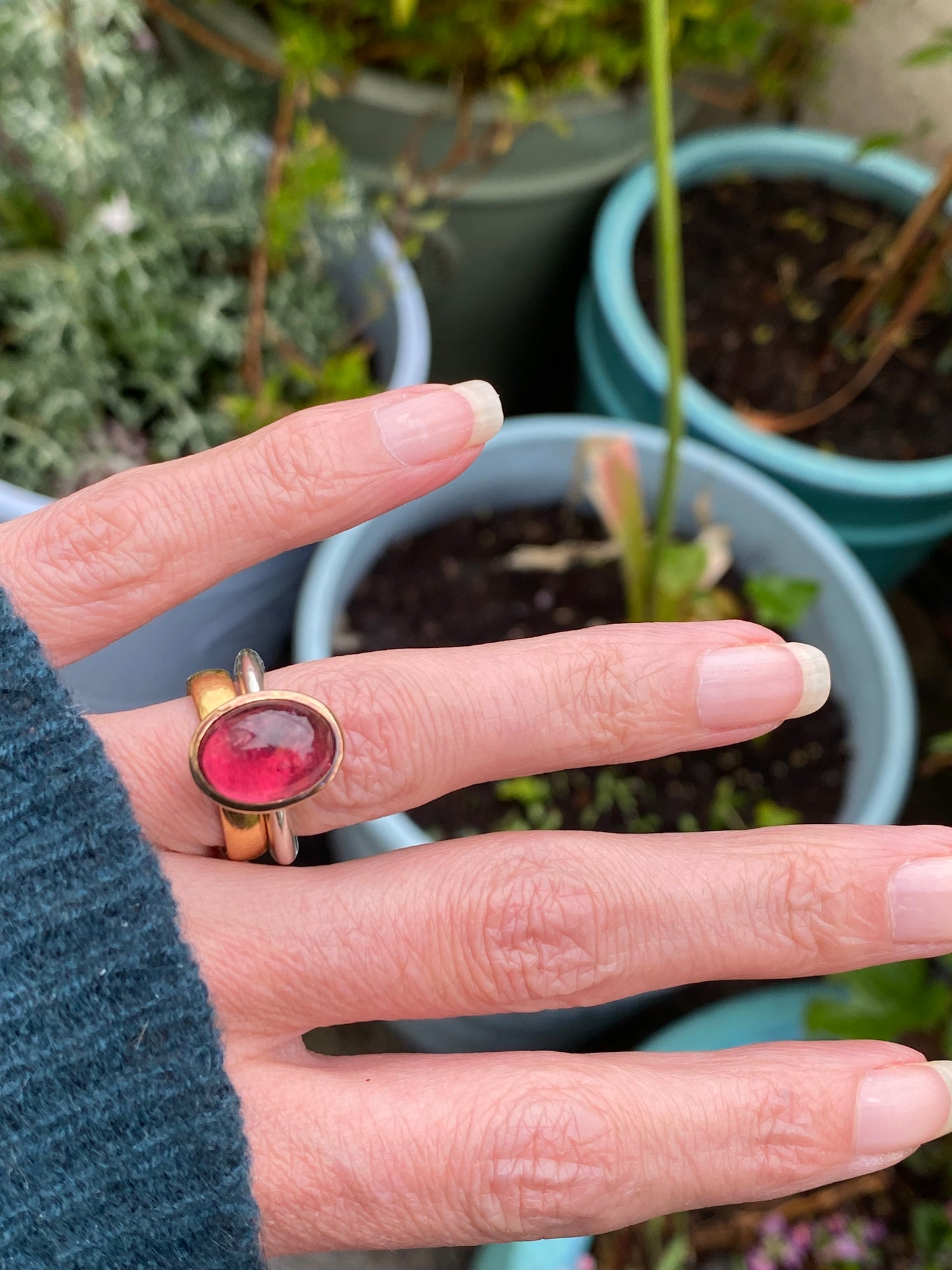 Cabochon Cut Pink Tourmaline Ring in Sterling Silver and 18ct Yellow Gold