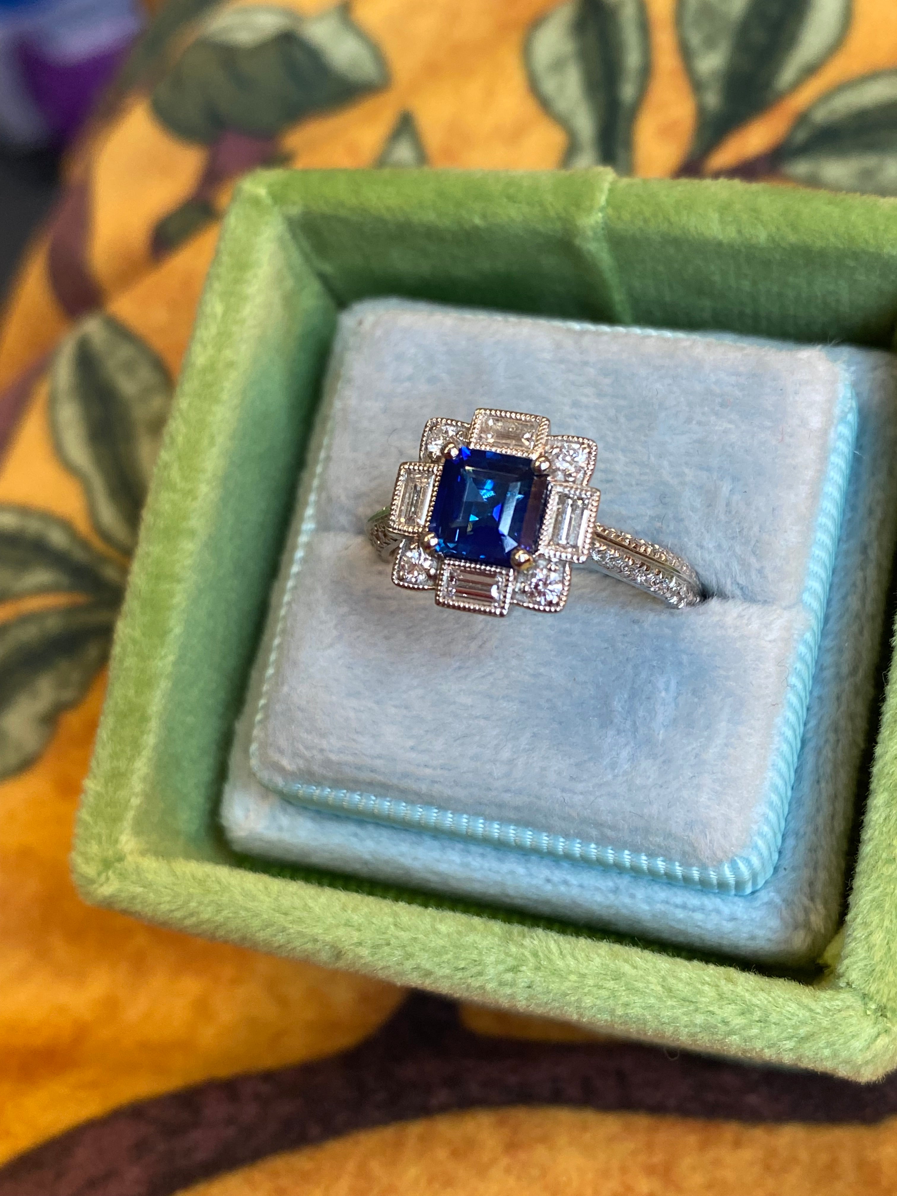 1.79 CTW Blue Ceylon Sapphire and Natural Diamond Art Deco Style Halo Ring in Platinum