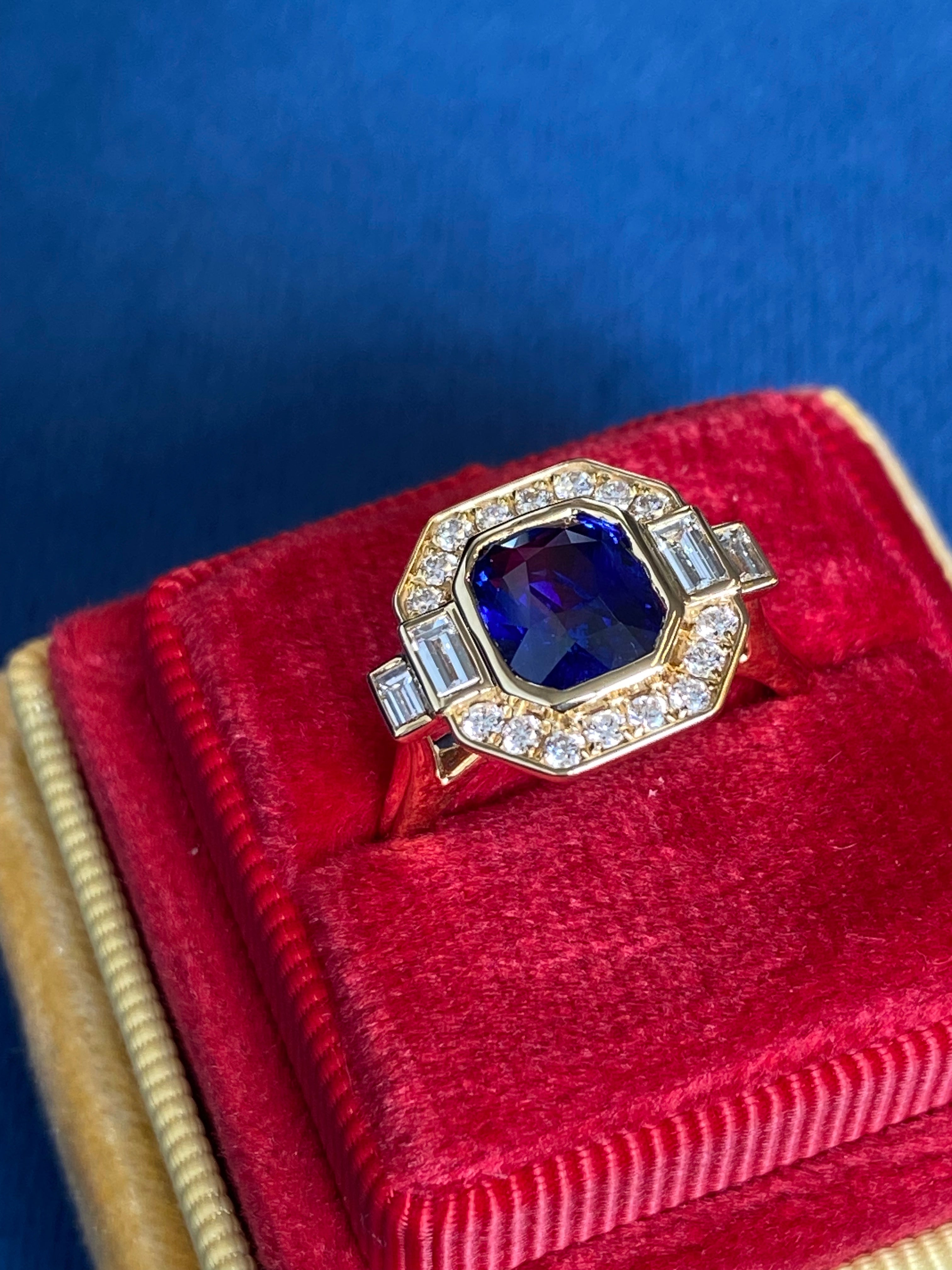 2.28 Carat Cushion Cut Ceylon Sapphire and Natural Diamond Ring in 18ct Yellow Gold
