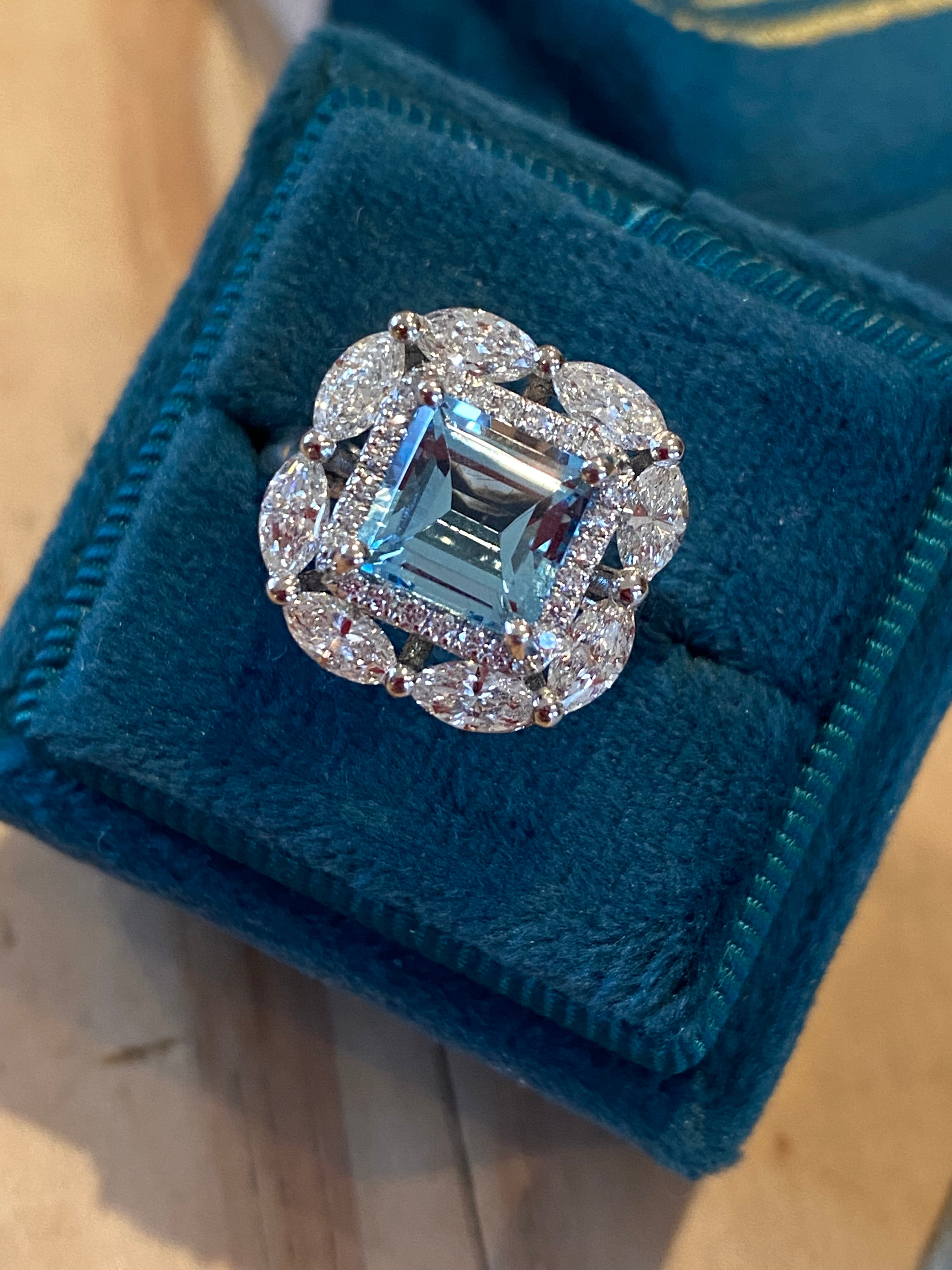 1.60 Carat Aquamarine and 1.18 ctw Natural Diamond Ring in Platinum