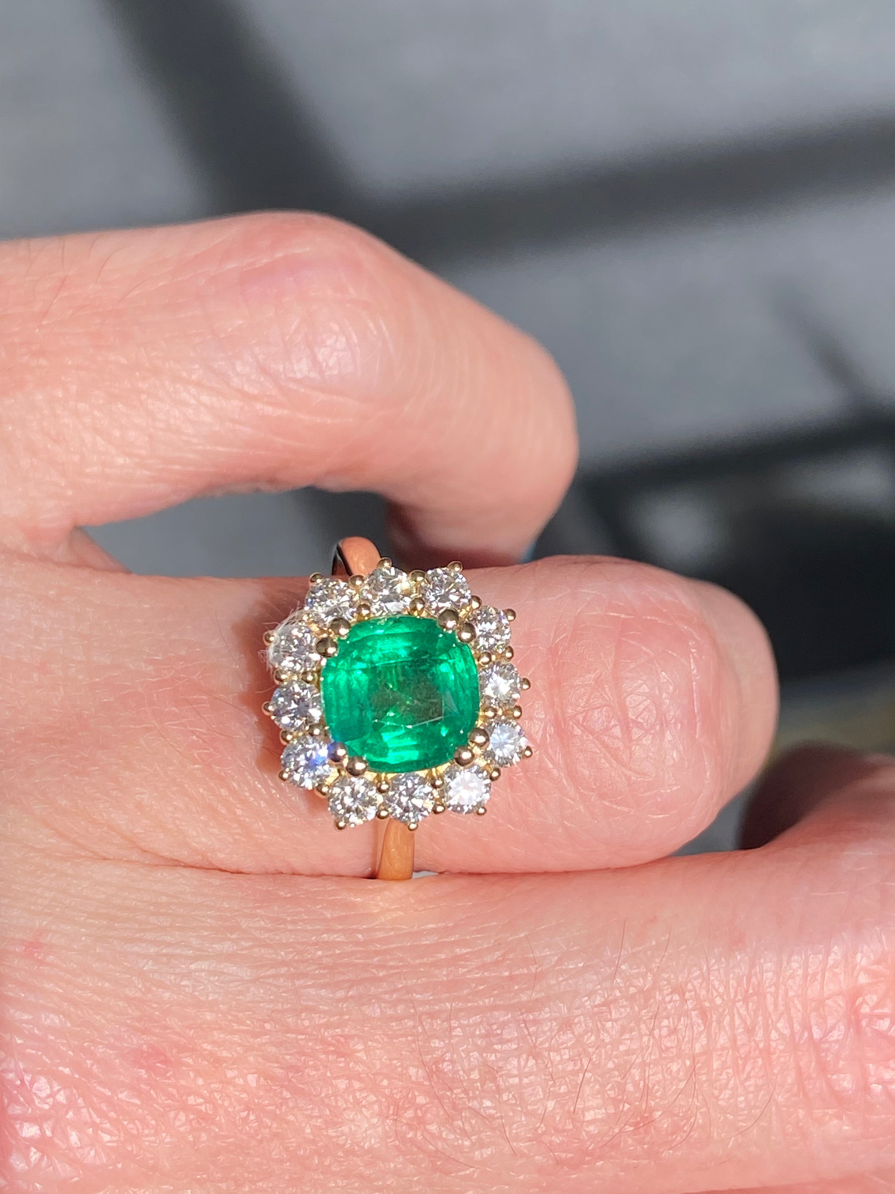 Masterpiece Cushion Cut Emerald and Natural Diamond Halo Ring in 18ct Yellow Gold