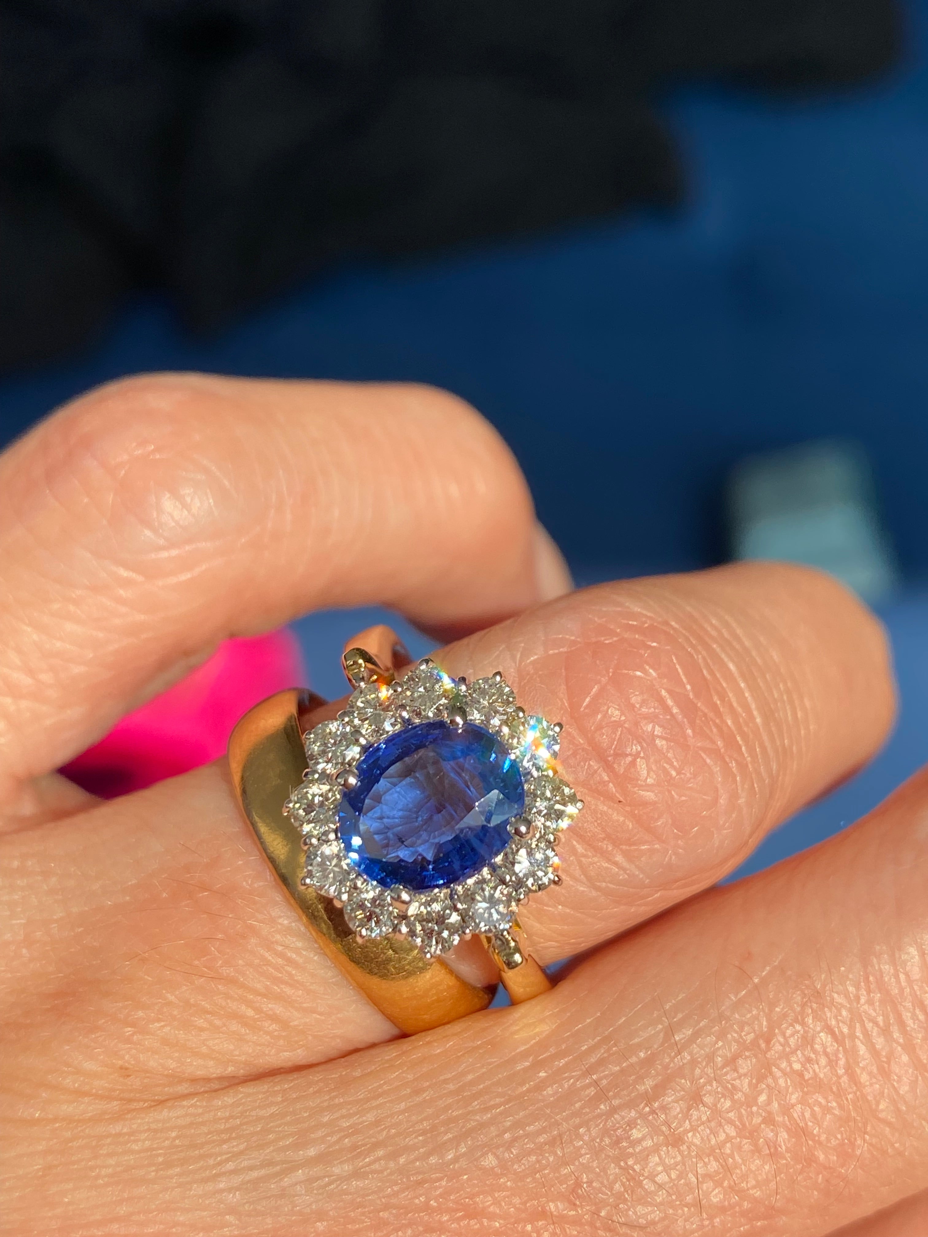 3.31 CTW Ceylon Sapphire and Natural Diamond Halo Ring in 18ct Gold