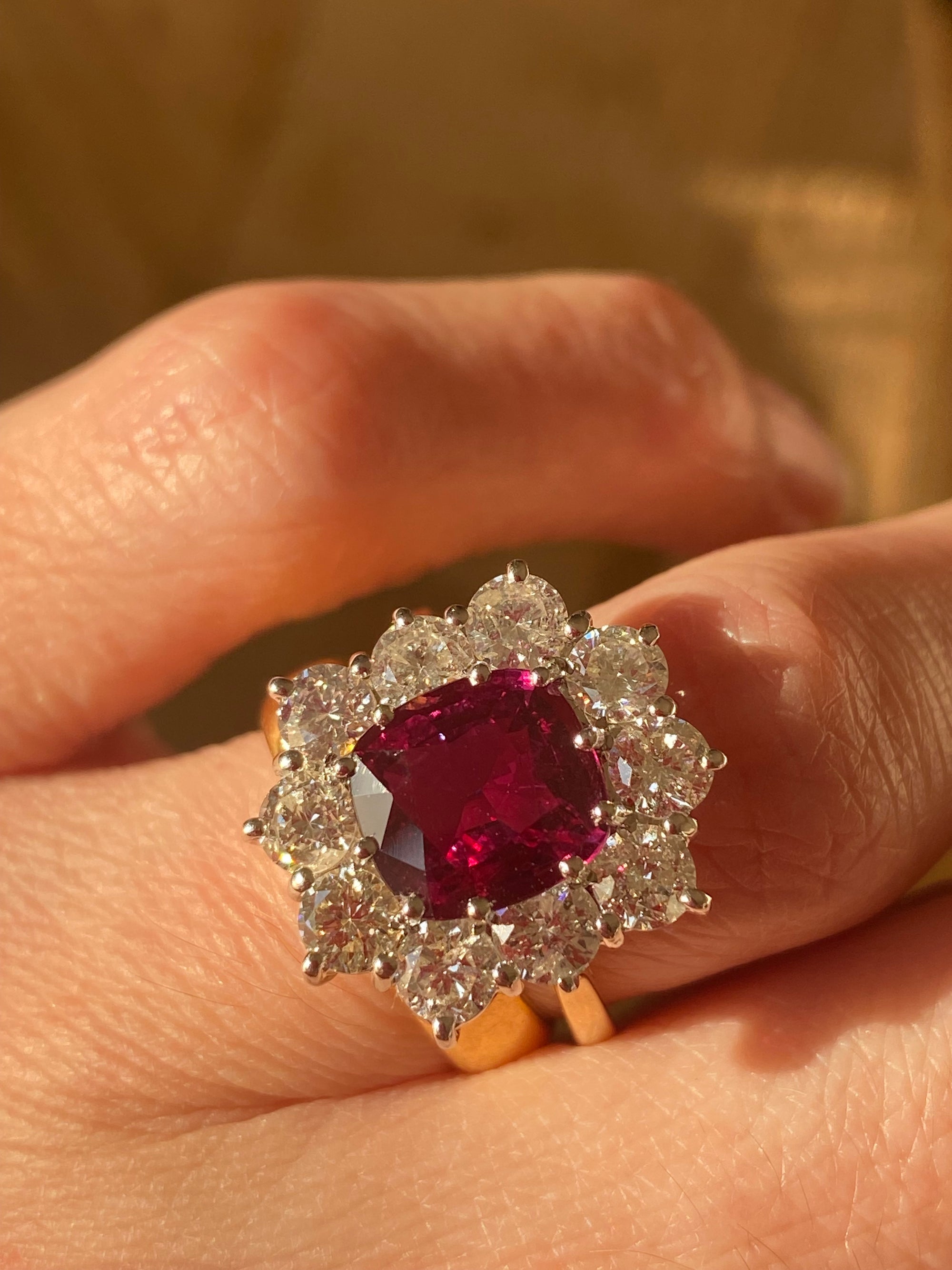5.04 CTW No Heat Ruby and Natural Diamond Halo Ring in 18ct Yellow Gold