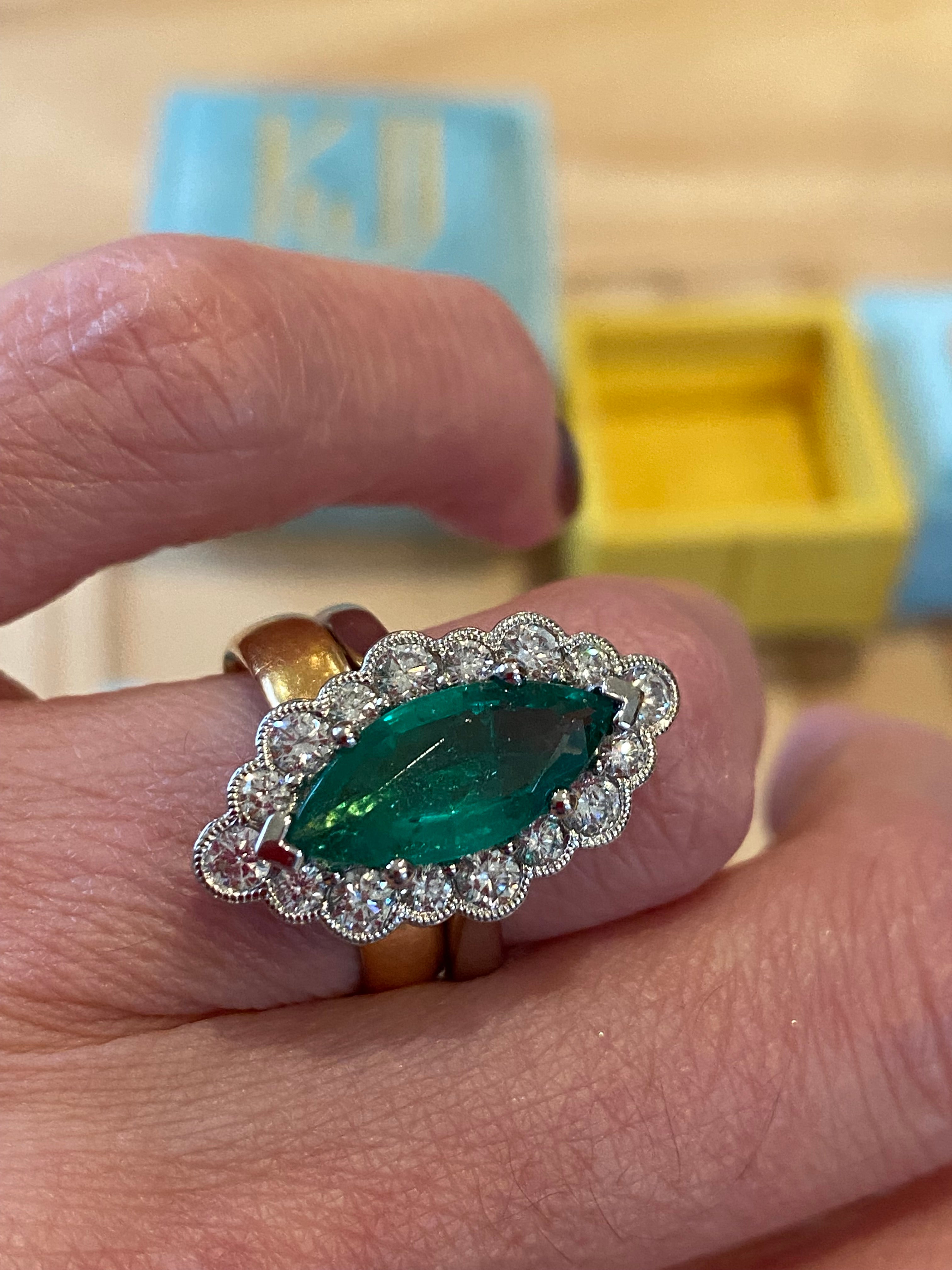 3.47 CTW Marquise Cut Emerald and Natural Diamond Halo Ring in Platinum