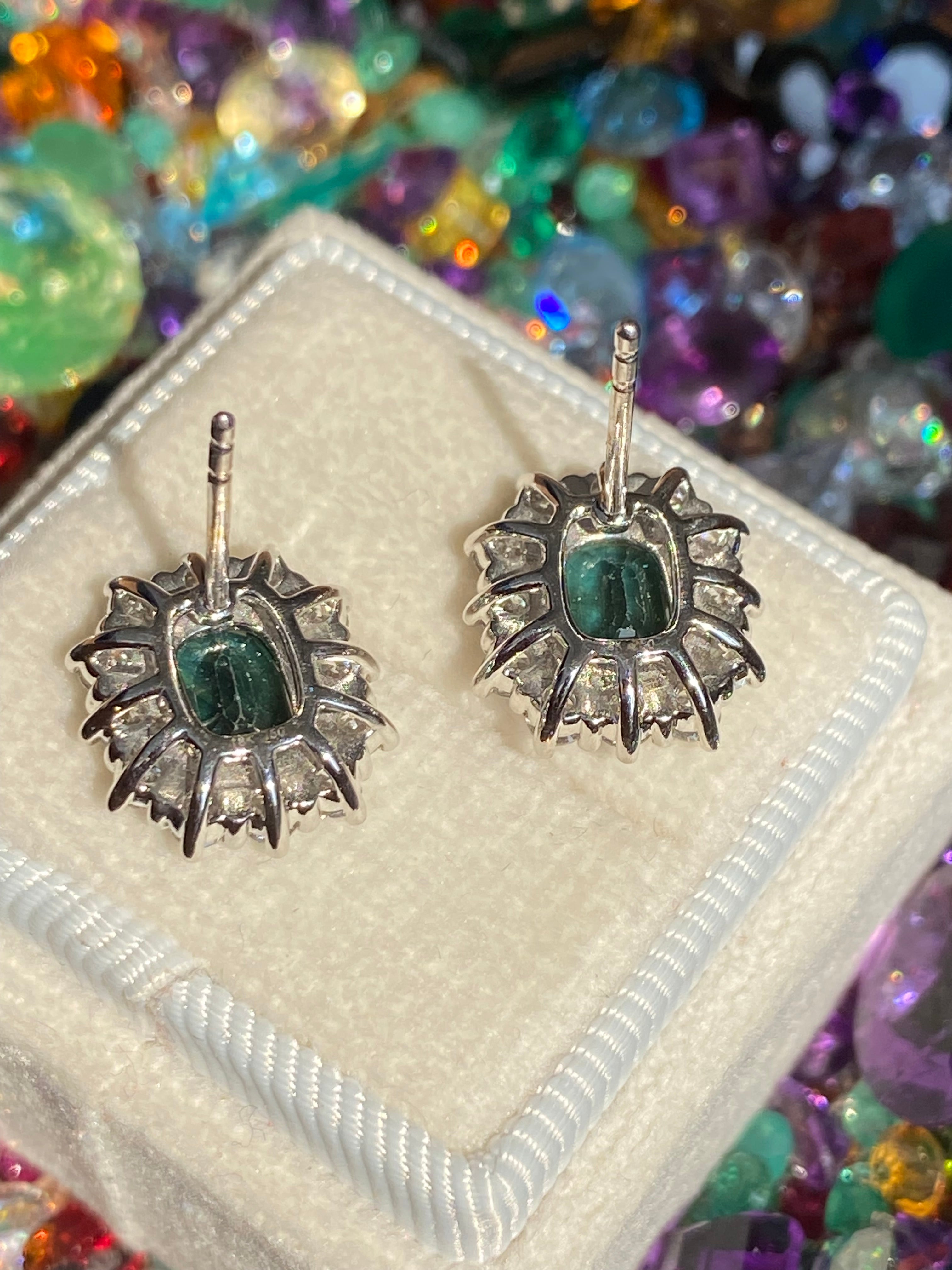 3.77 CTW Teal Sapphire and Natural Diamond Halo Stud Earrings in 18ct White Gold