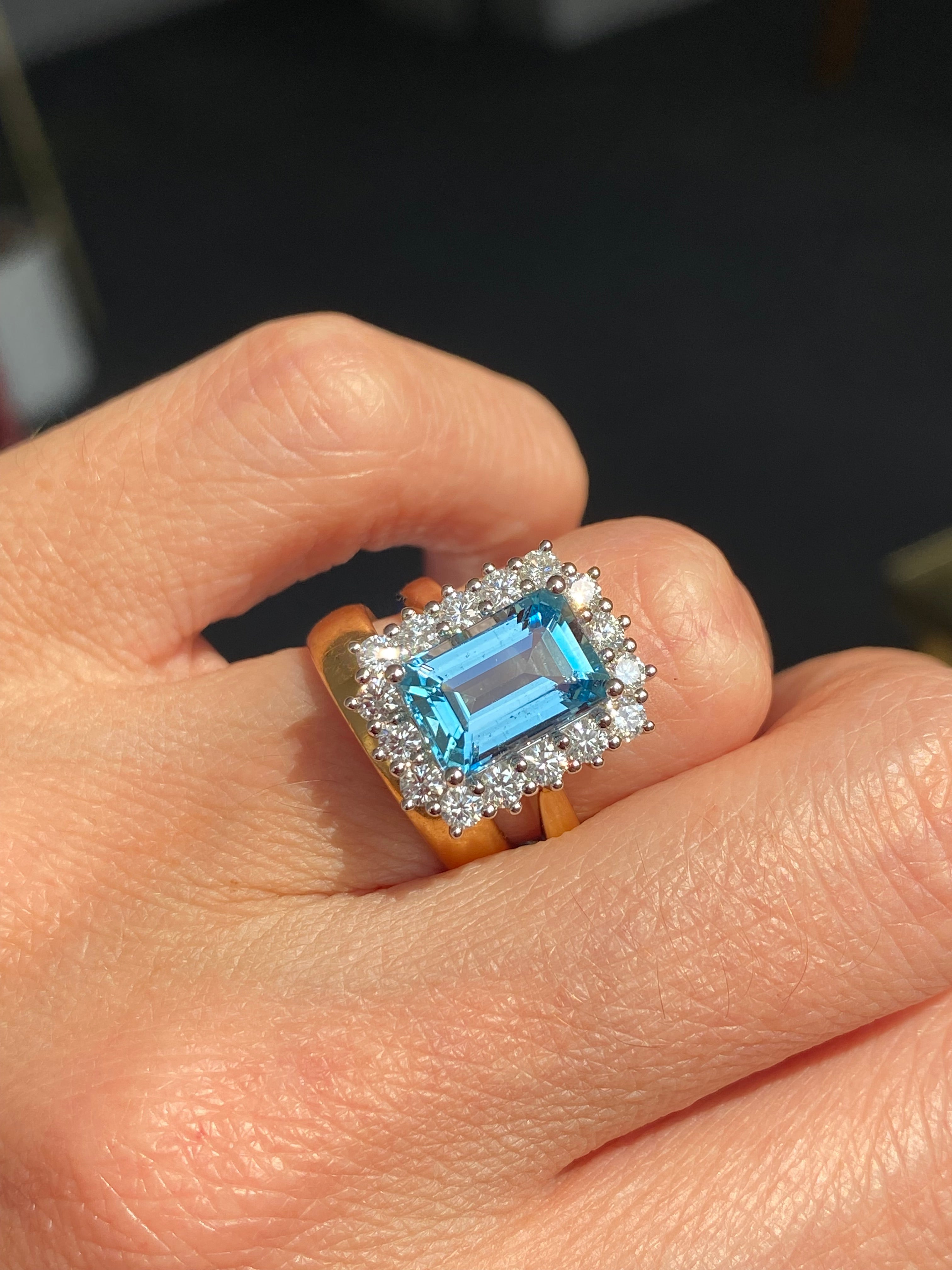 3.05 Carat Aquamarine and 0.89ctw Natural Diamond Halo Ring in Platinum and 18ct Yellow Gold