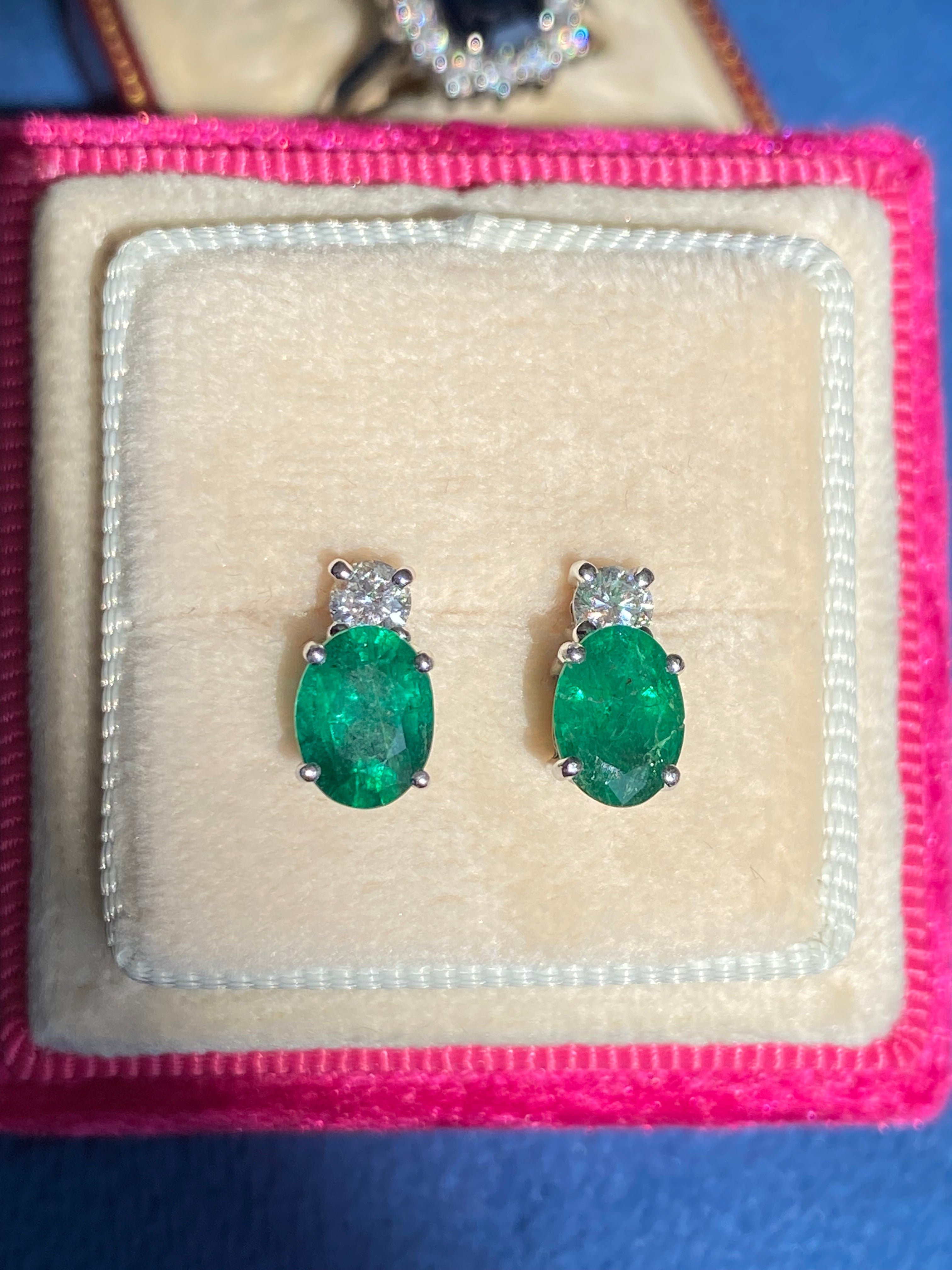 2.17 CTW Emerald and Natural Diamond Stud Earrings in 18ct White Gold