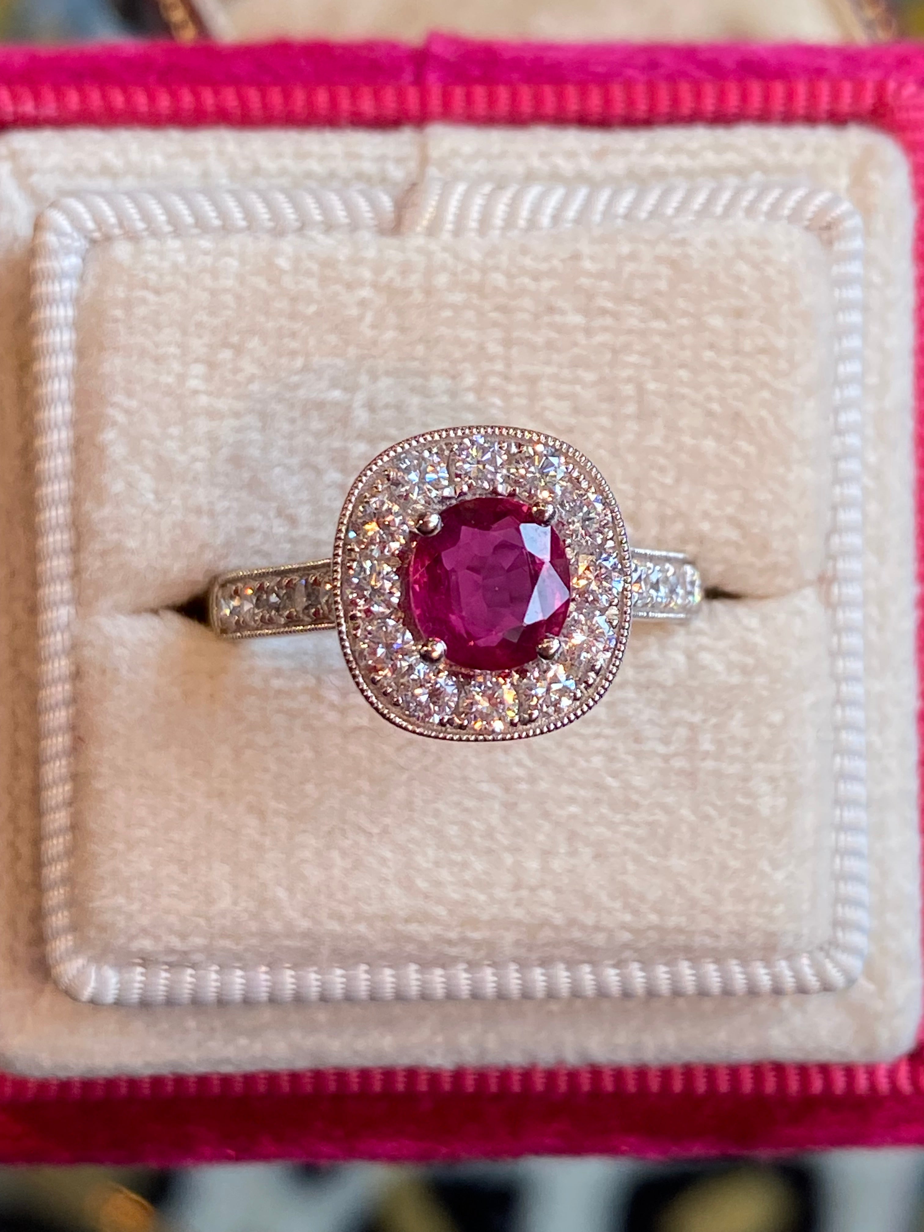 1.89 CTW Oval-Cut Ruby and Natural Diamond Halo Ring in Platinum