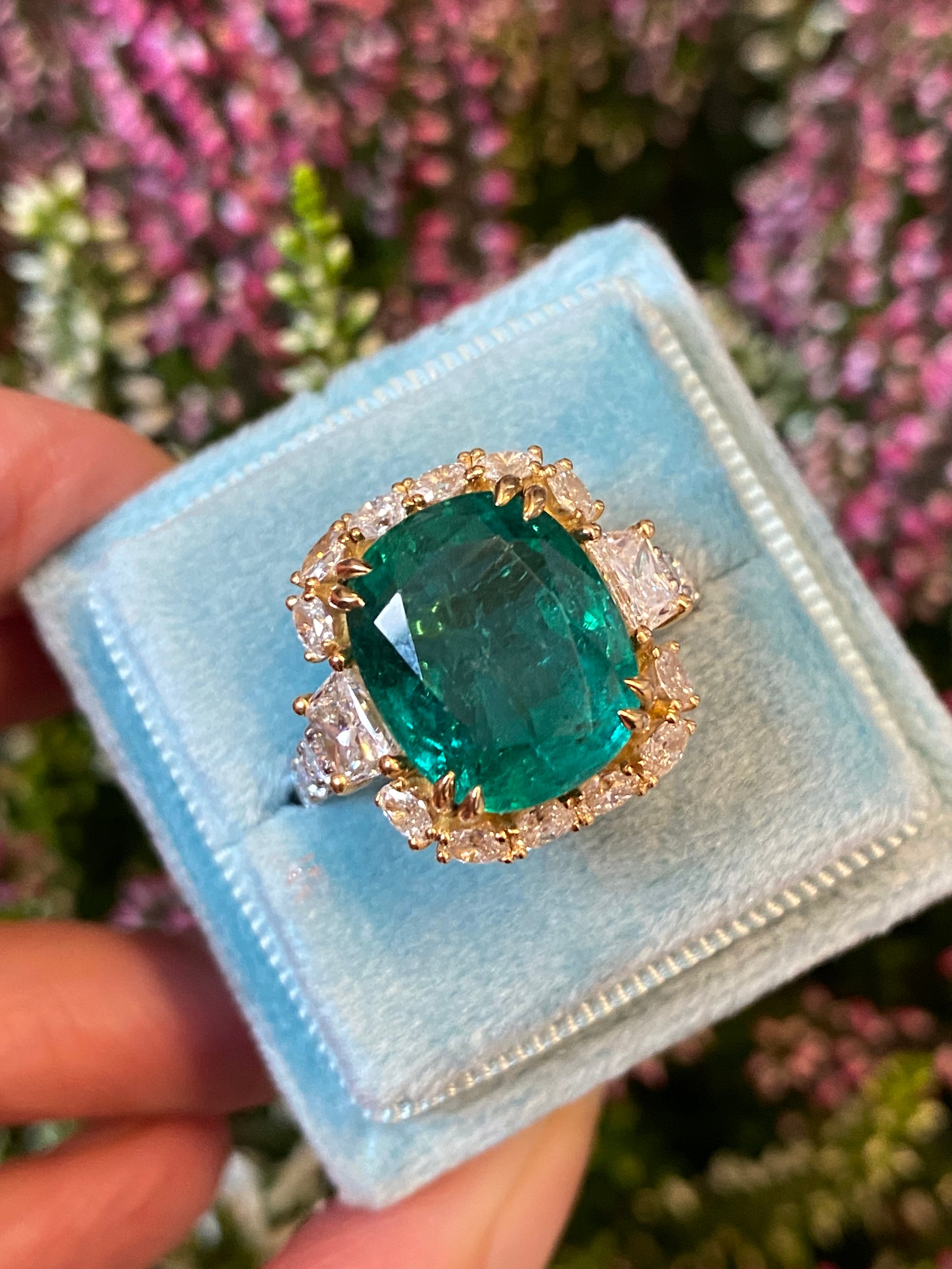 8.75 Carat Cushion Cut Zambian Emerald and 2.53 CTW Natural Diamond Halo Ring in Platinum and 18ct Yellow Gold