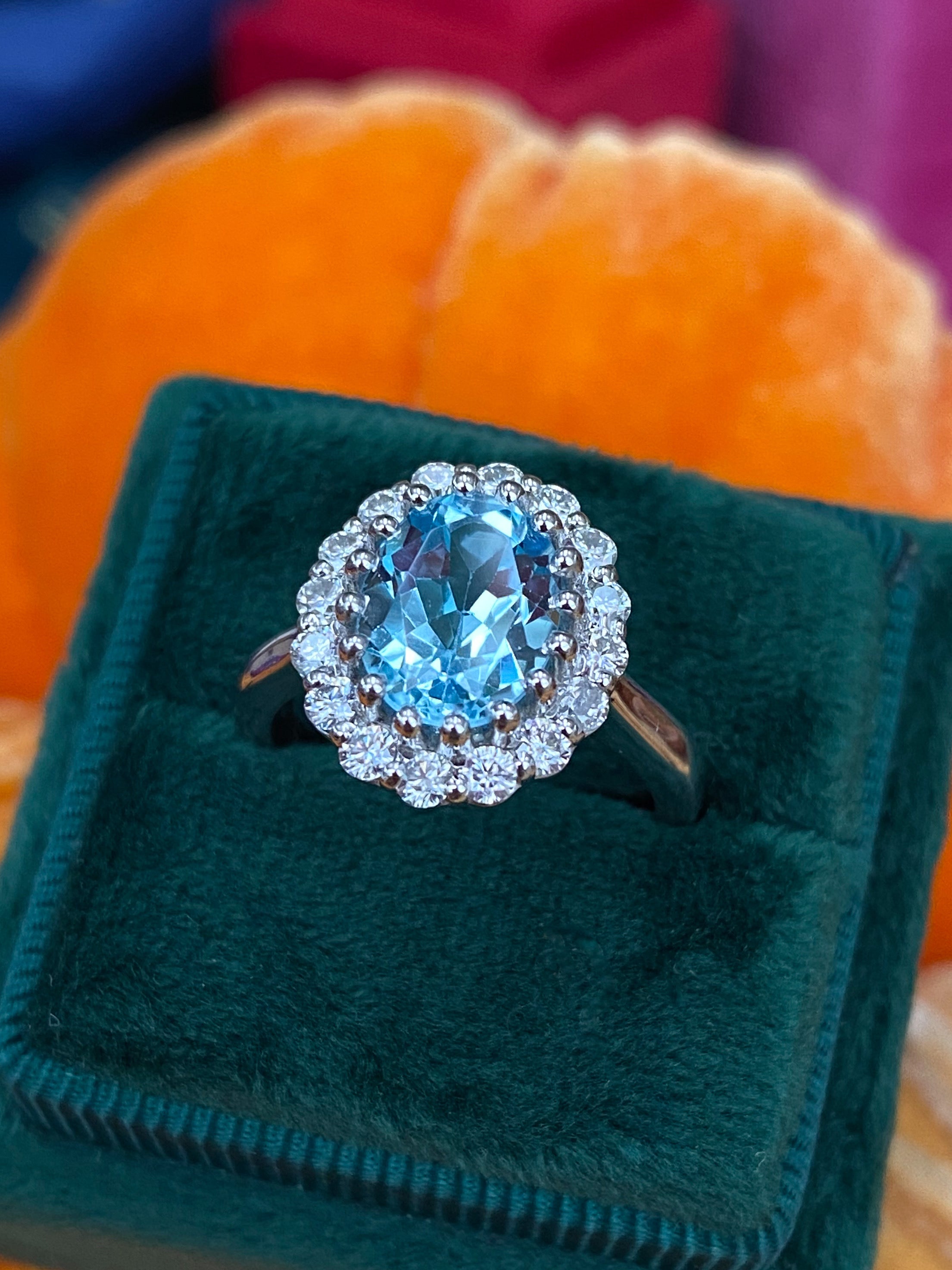 2.33 CTW Oval Cut Blue Topaz and Moissanite Halo Cluster Ring in Sterling Silver