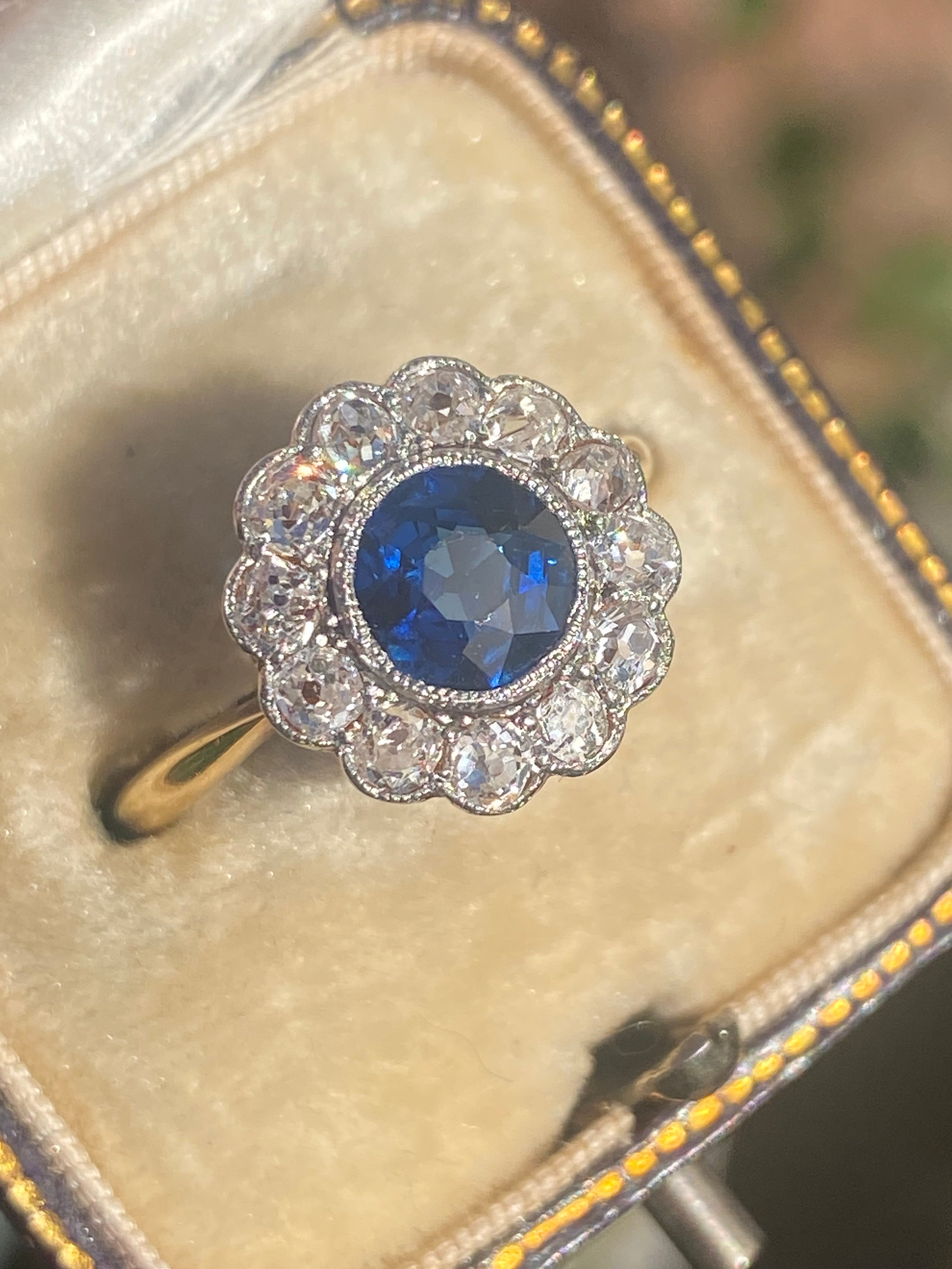 2.25 CTW Antique Edwardian Old Cut Sapphire and Diamond Daisy Ring in 18ct Gold and Platinum