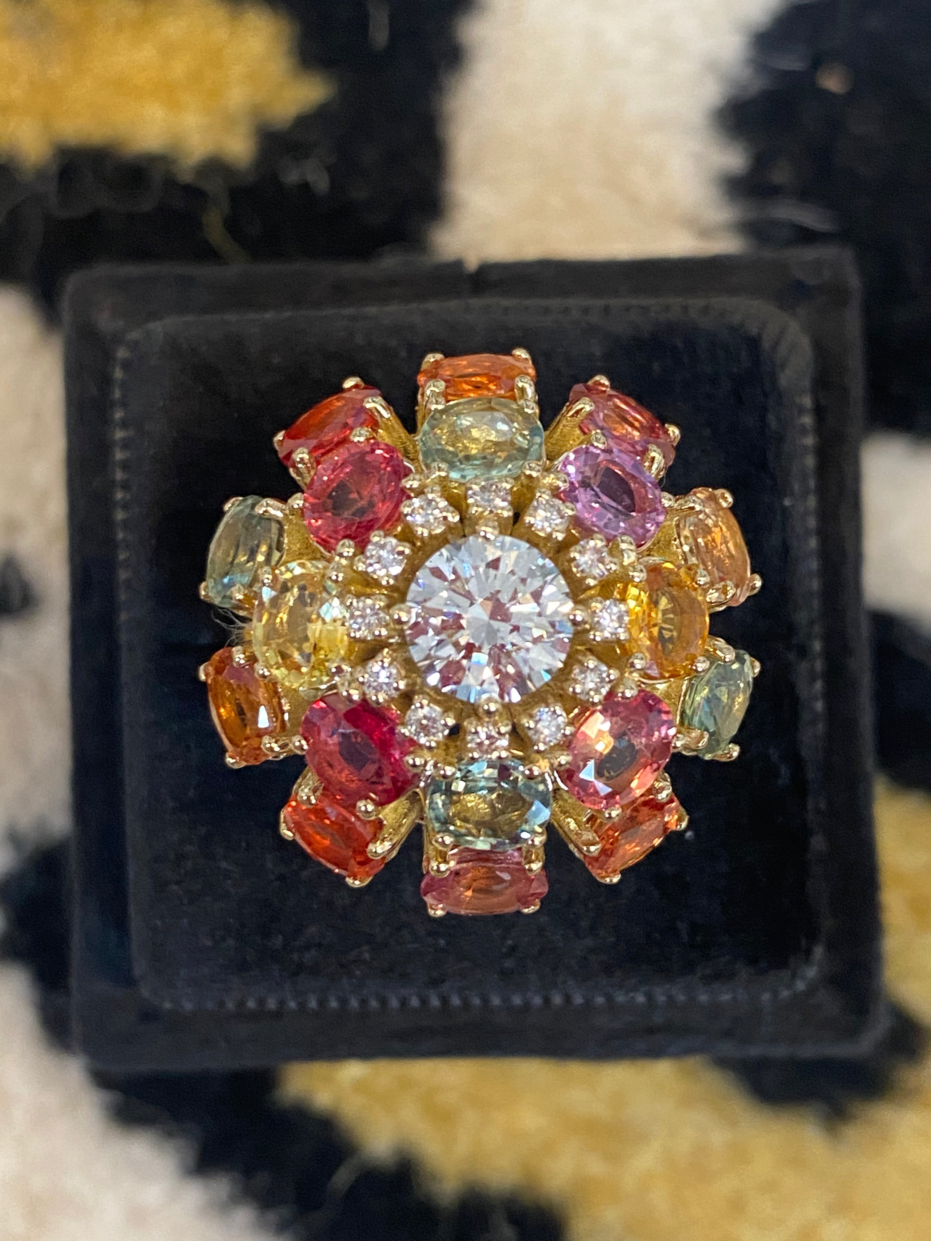 8.08 CTW Natural Diamond and Sapphire Bombe Cluster Ring in 18ct Yellow Gold